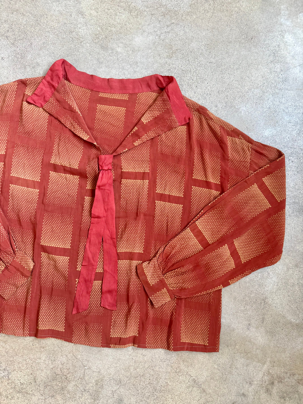 Antique 1930’s Burnt Orange Geometric Dotted Silk Neck Tie Blouse | Medium