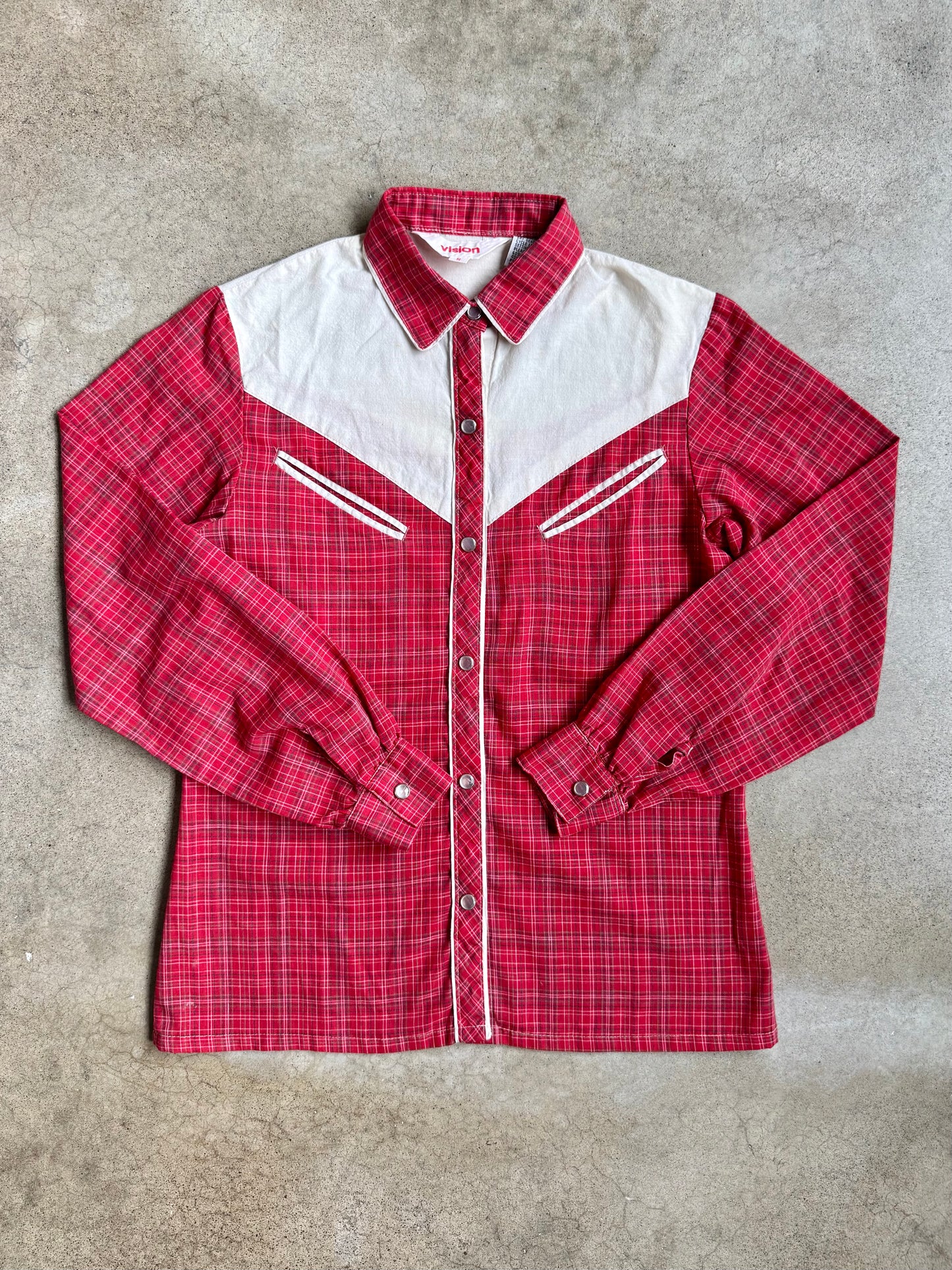 Vintage 1970s Vision Cream & Red Plaid Western Pearl Snap Shirt | Small