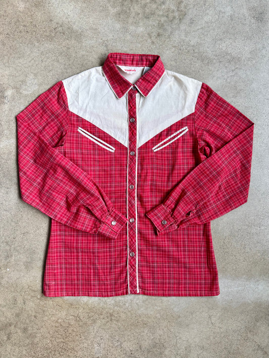 Vintage 1970s Vision Cream & Red Plaid Western Pearl Snap Shirt | Small