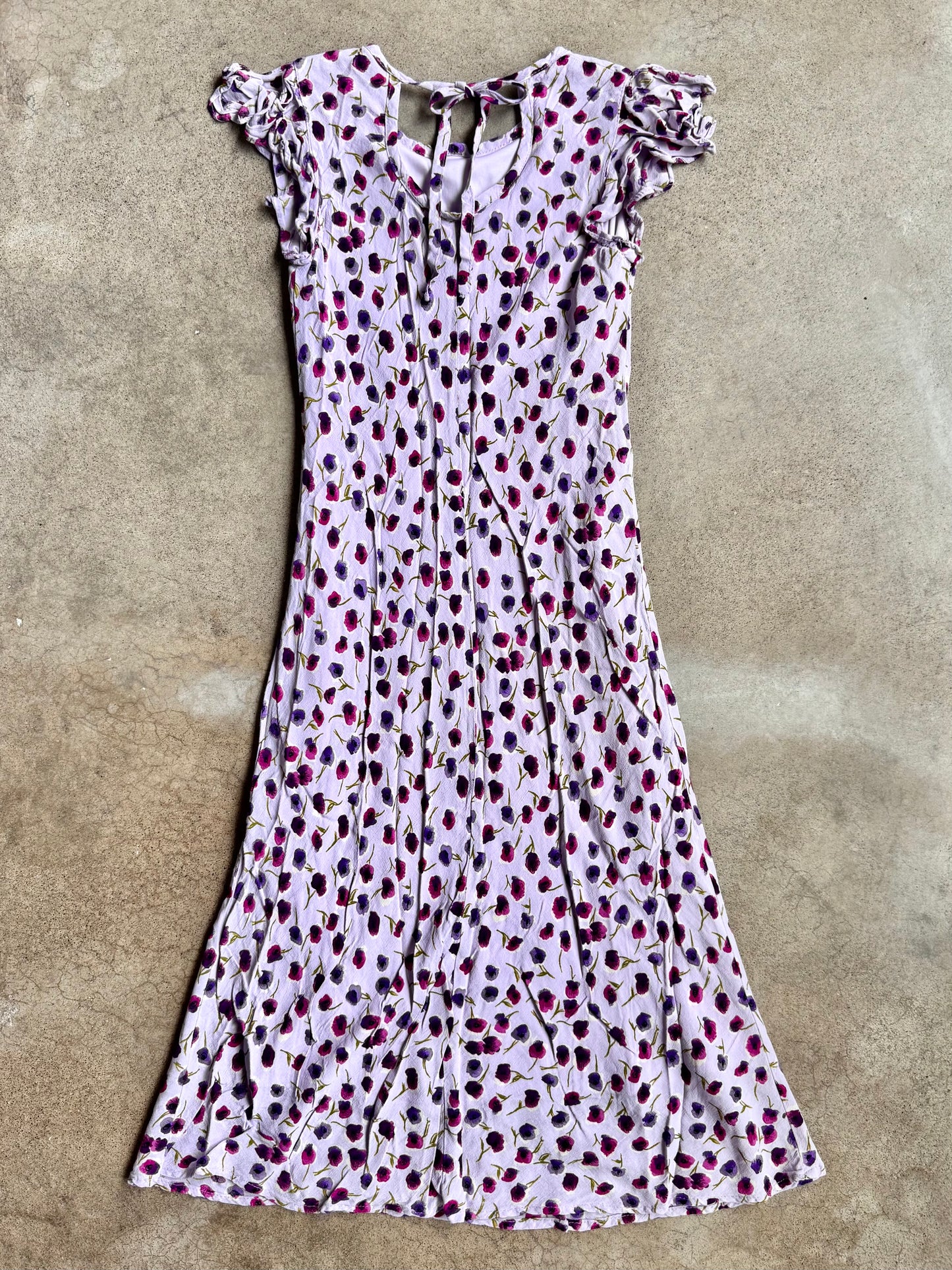 Vintage 1990s Plum Lavender Floral Print Flutter Sleeve Dress | XS