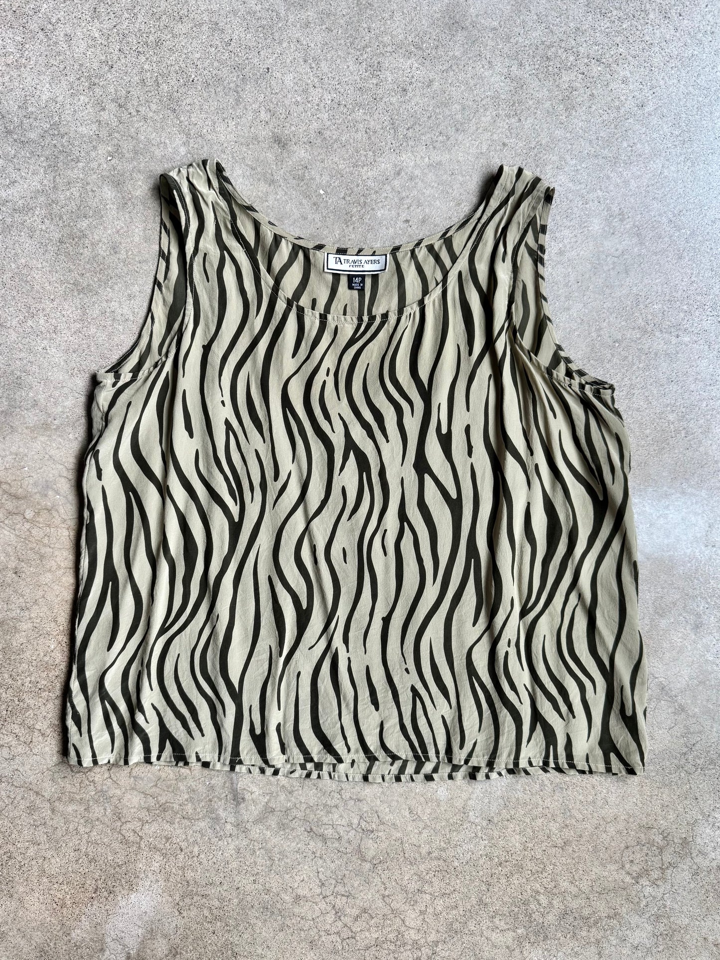 Vintage 1990s Travis Ayers Zebra Print 100% Silk Tank Top | Large