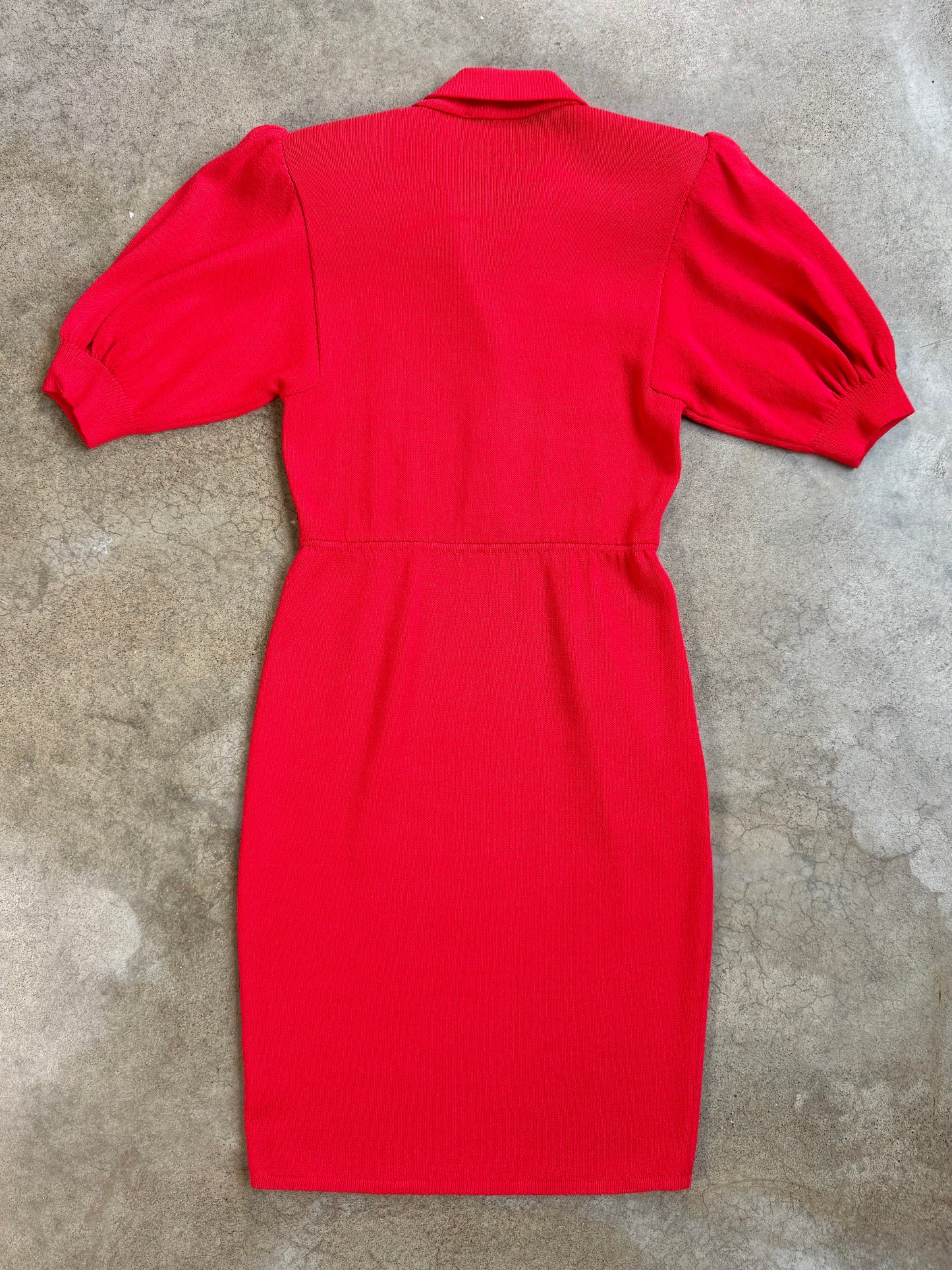 Vintage 1980s St. John for Saks Fifth Ave. Red Puff Sleeve Button-Front Knit Dress | S/M