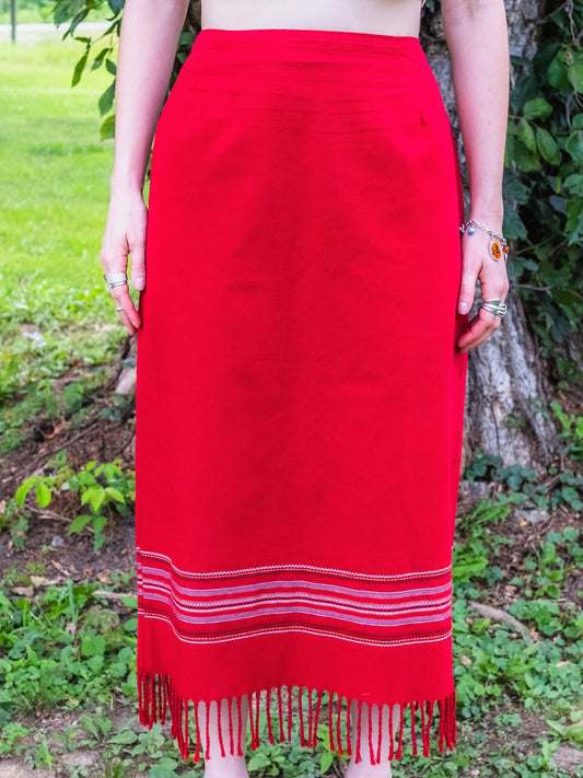Vintage 1980s Red Southwestern Fringe Trim Maxi Skirt | Waist 32”