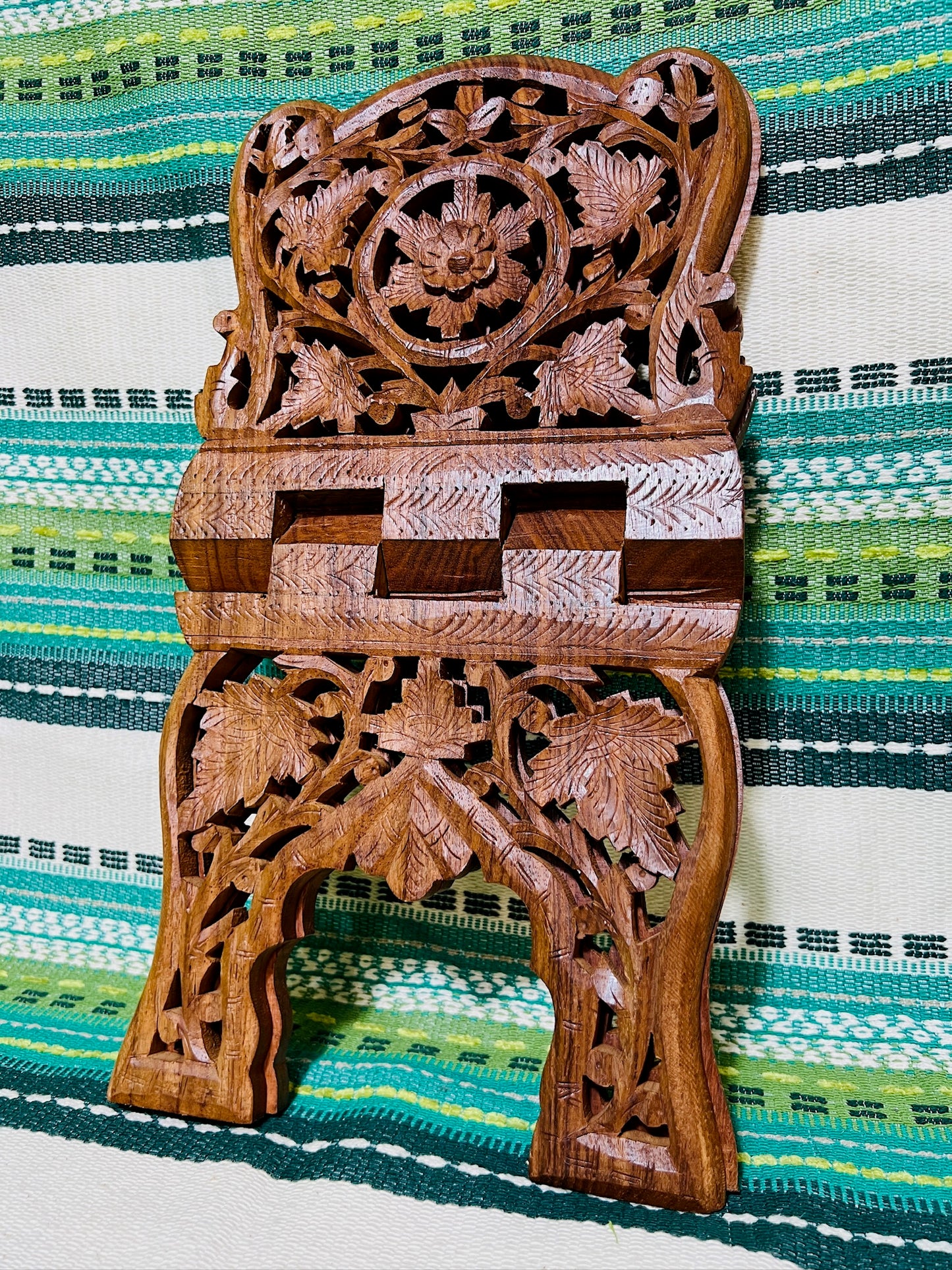 Vintage Carved Teak Wood Folding Book Display