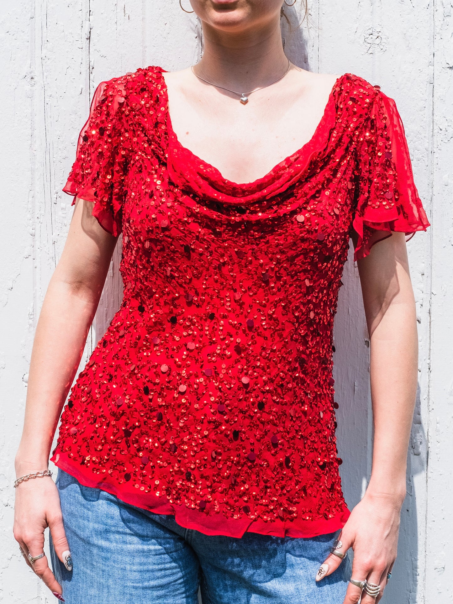 Vintage 1980s Red Sequined Silk Cowl-Neck Top | Medium
