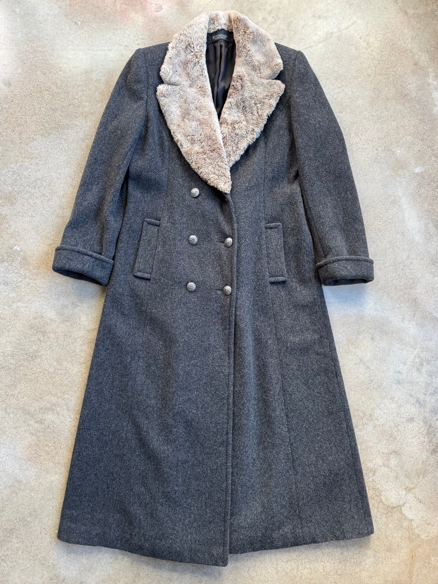 Vintage 1990s J. Peterman Grey Wool Faux Fur Collar Full-Length Coat | Medium