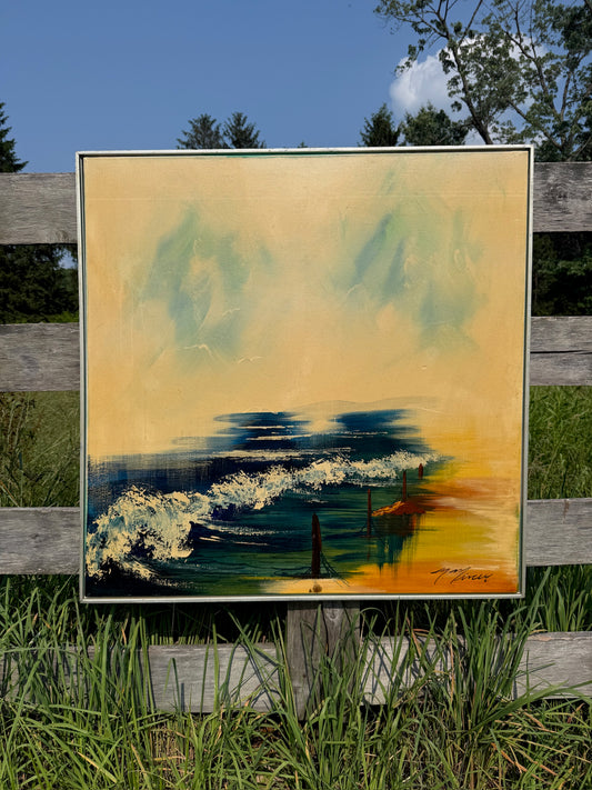 MCM-Style Framed & Signed Beach Landscape Oil on Canvas Painting