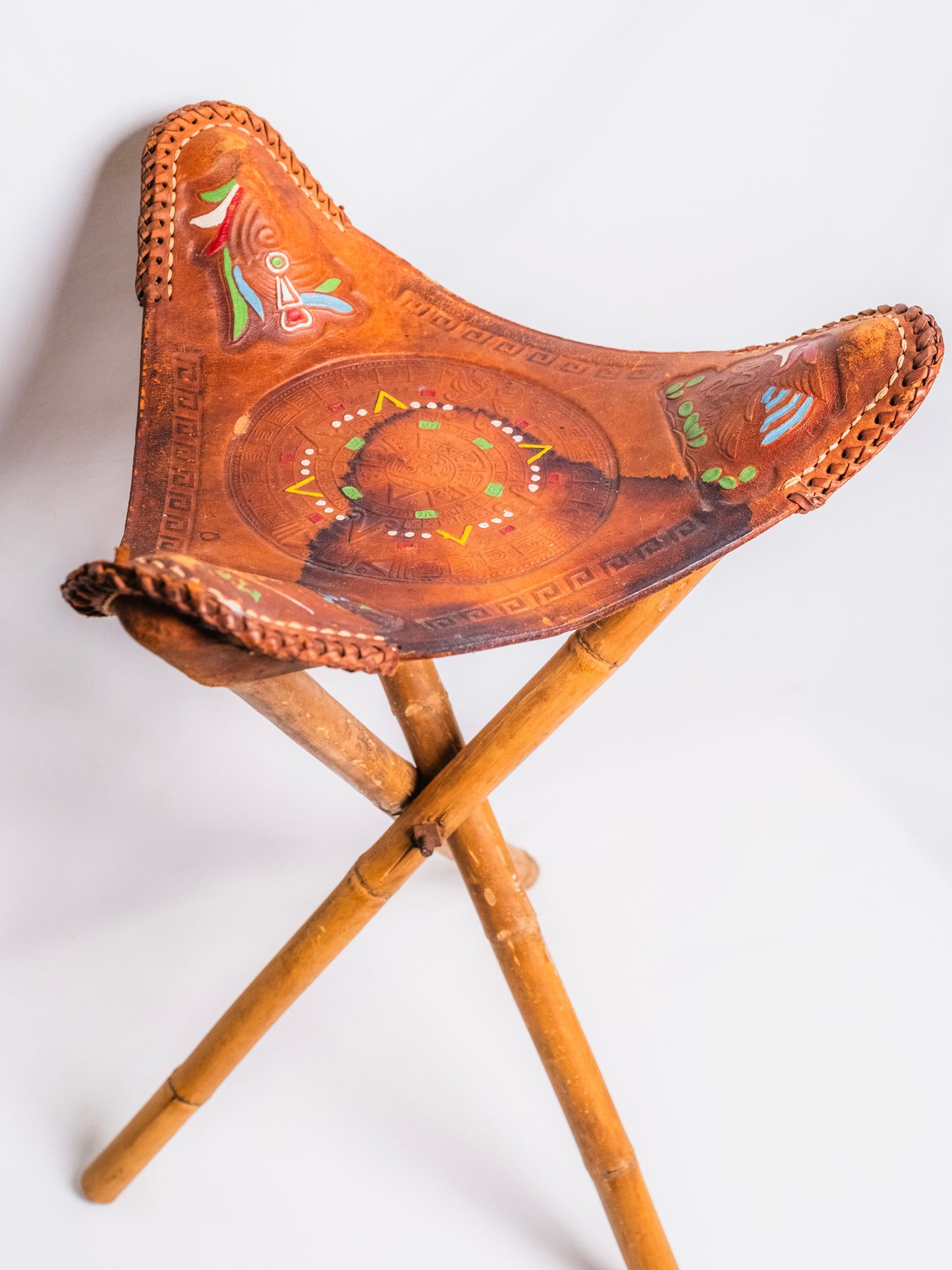 Vintage 1970s Mexican Tooled Leather Folding Camp Stool