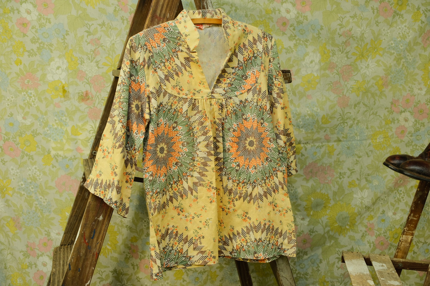 Vintage 1970s Laura Mae Printed Cotton Tunic Blouse