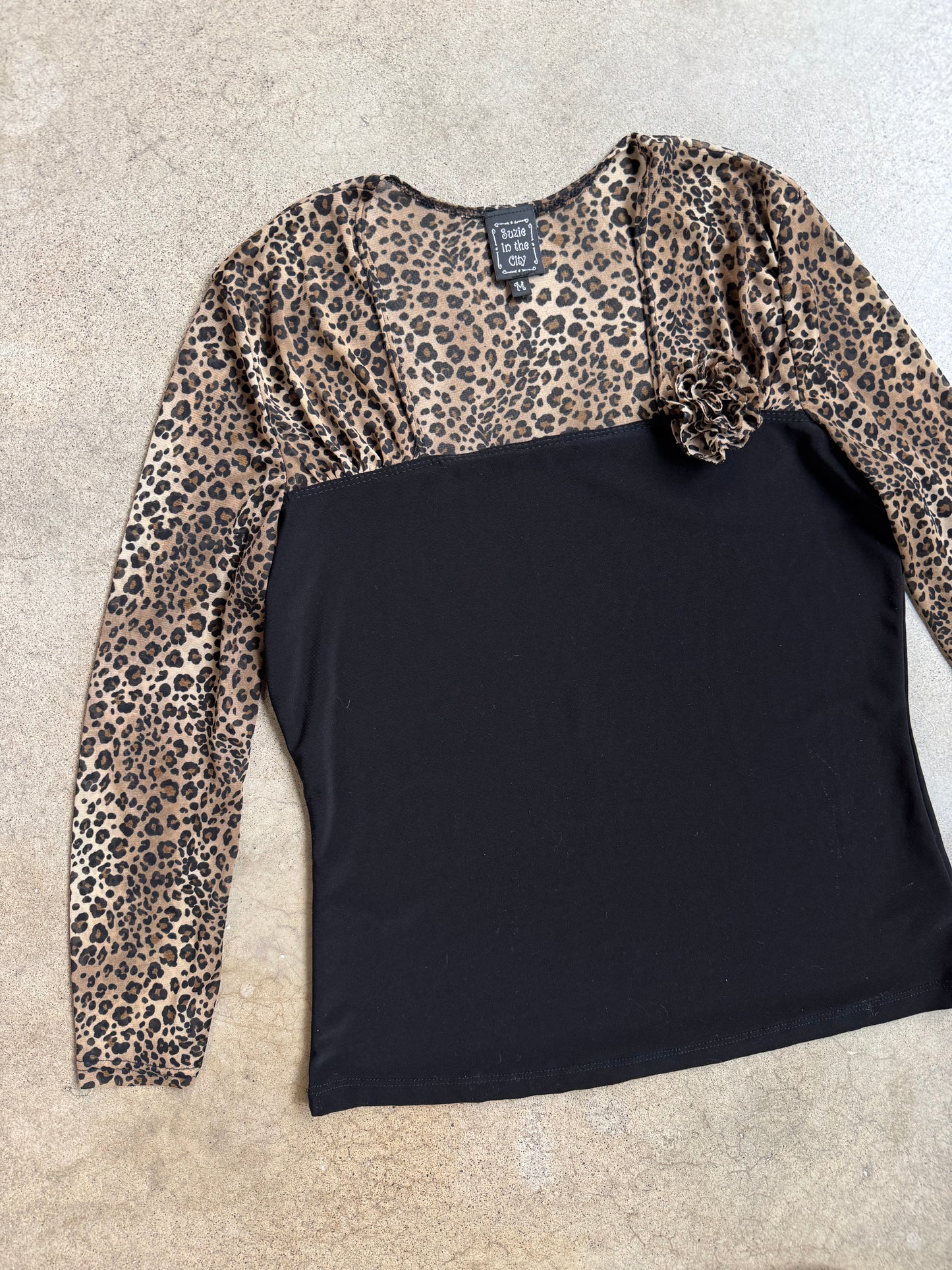Vintage 1990s Suzie in the City Cheetah Print Mesh Sleeve Blouse | Medium