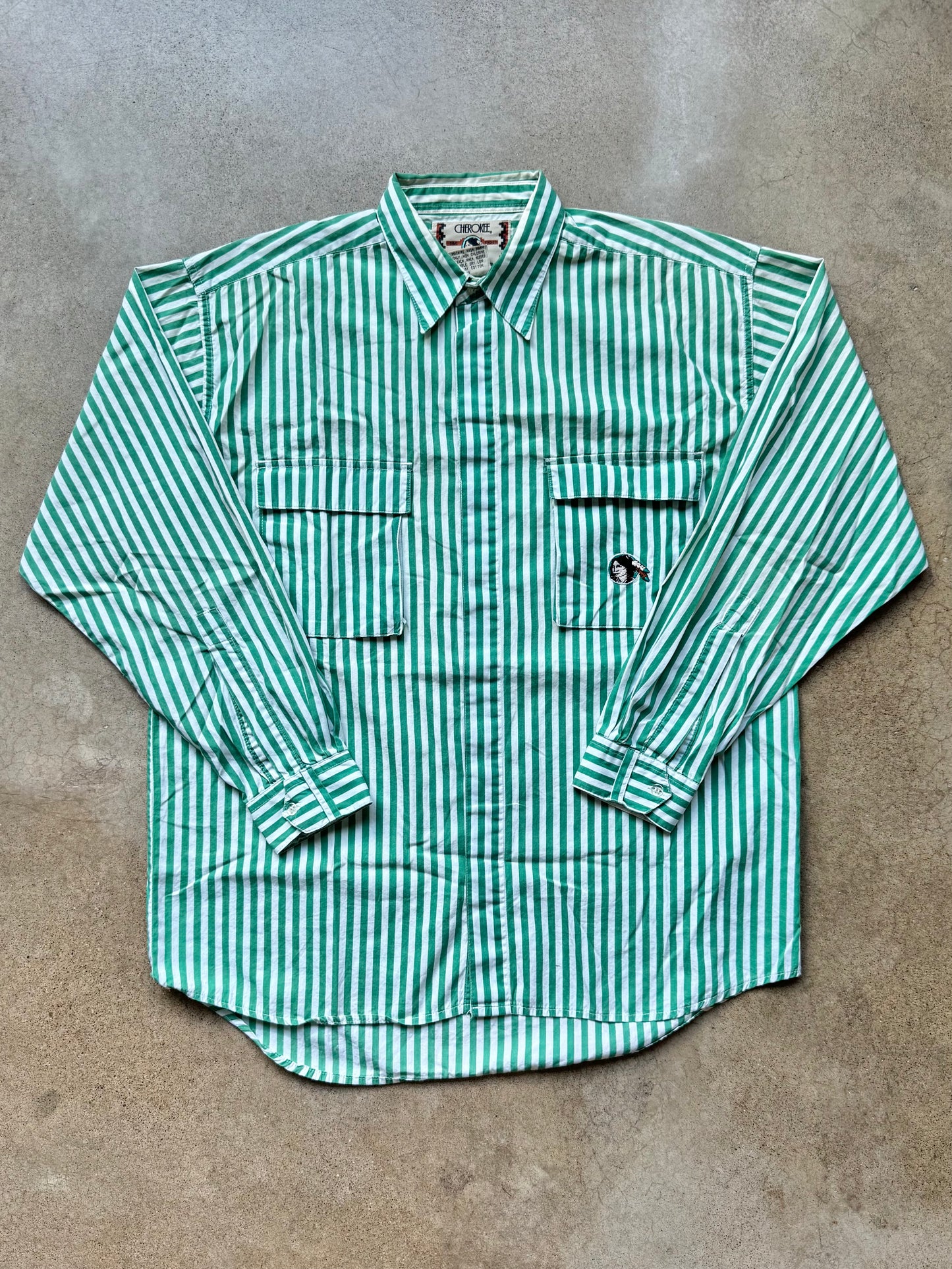 Vintage 1980s Cherokee Green & White Striped Utility Shirt | Medium