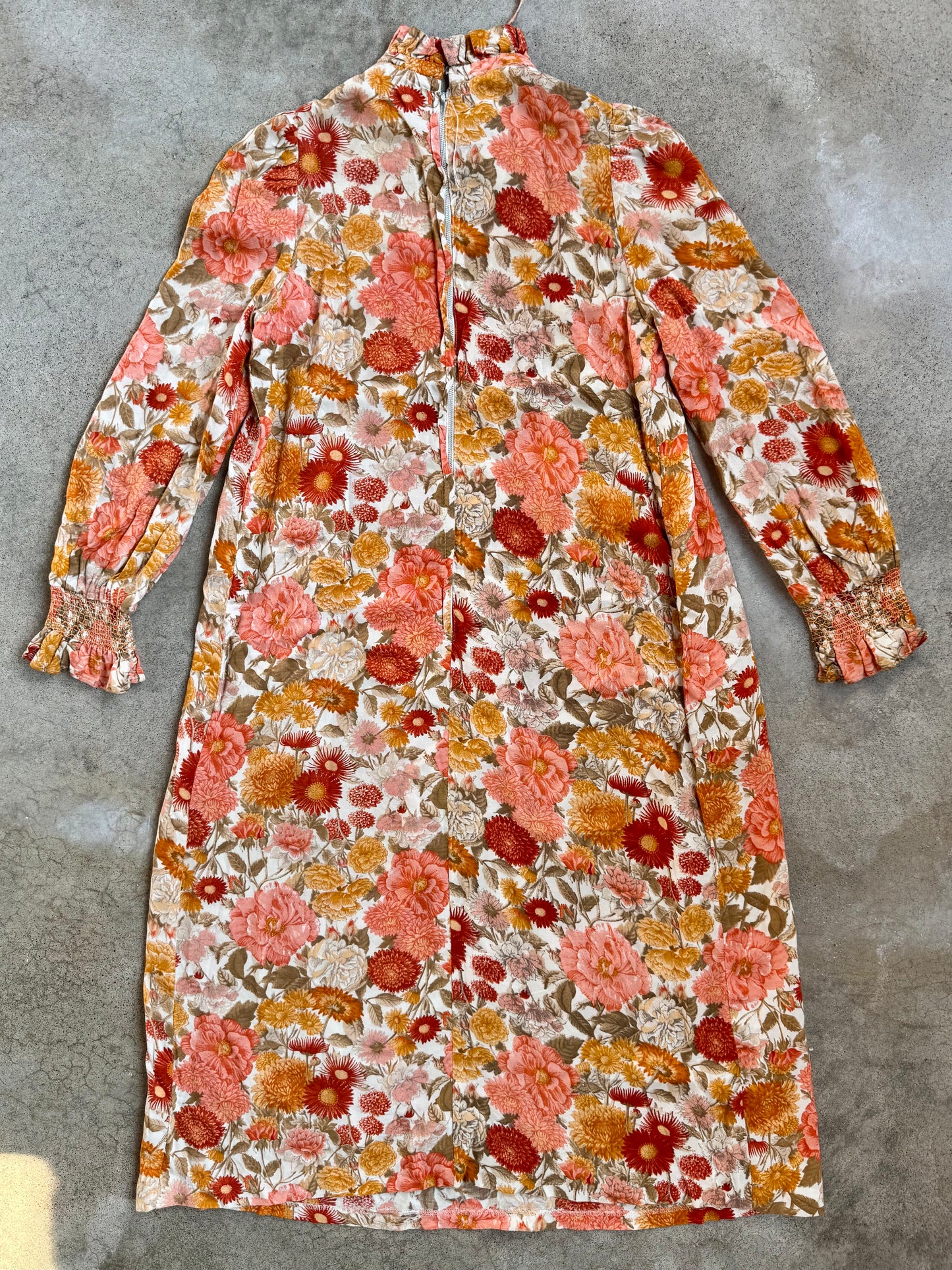 Vintage 1960s Orange Floral Smocked Long Sleeve Midi Dress | XS/S