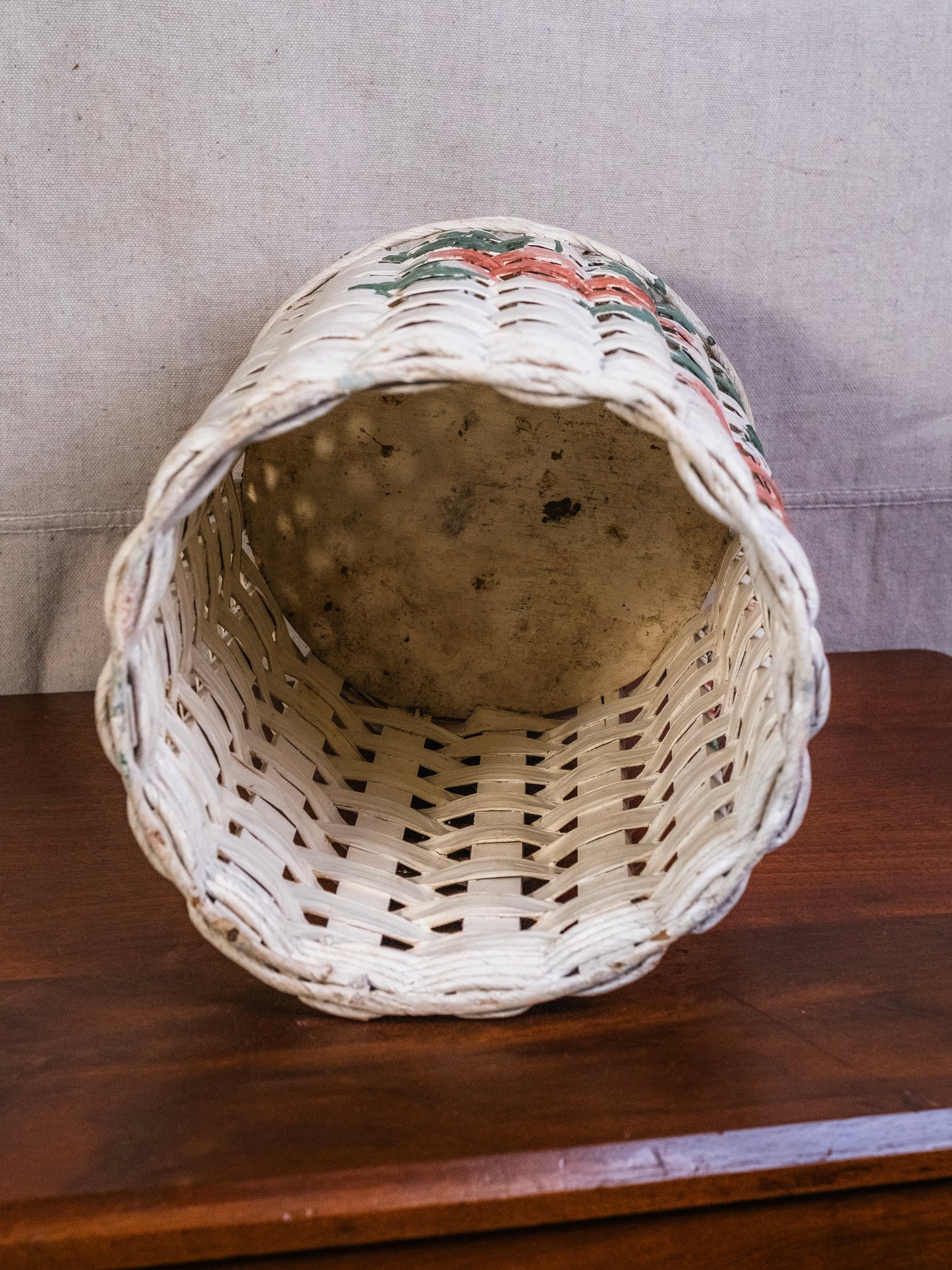 Vintage Floral Painted Splint Woven Waste Basket