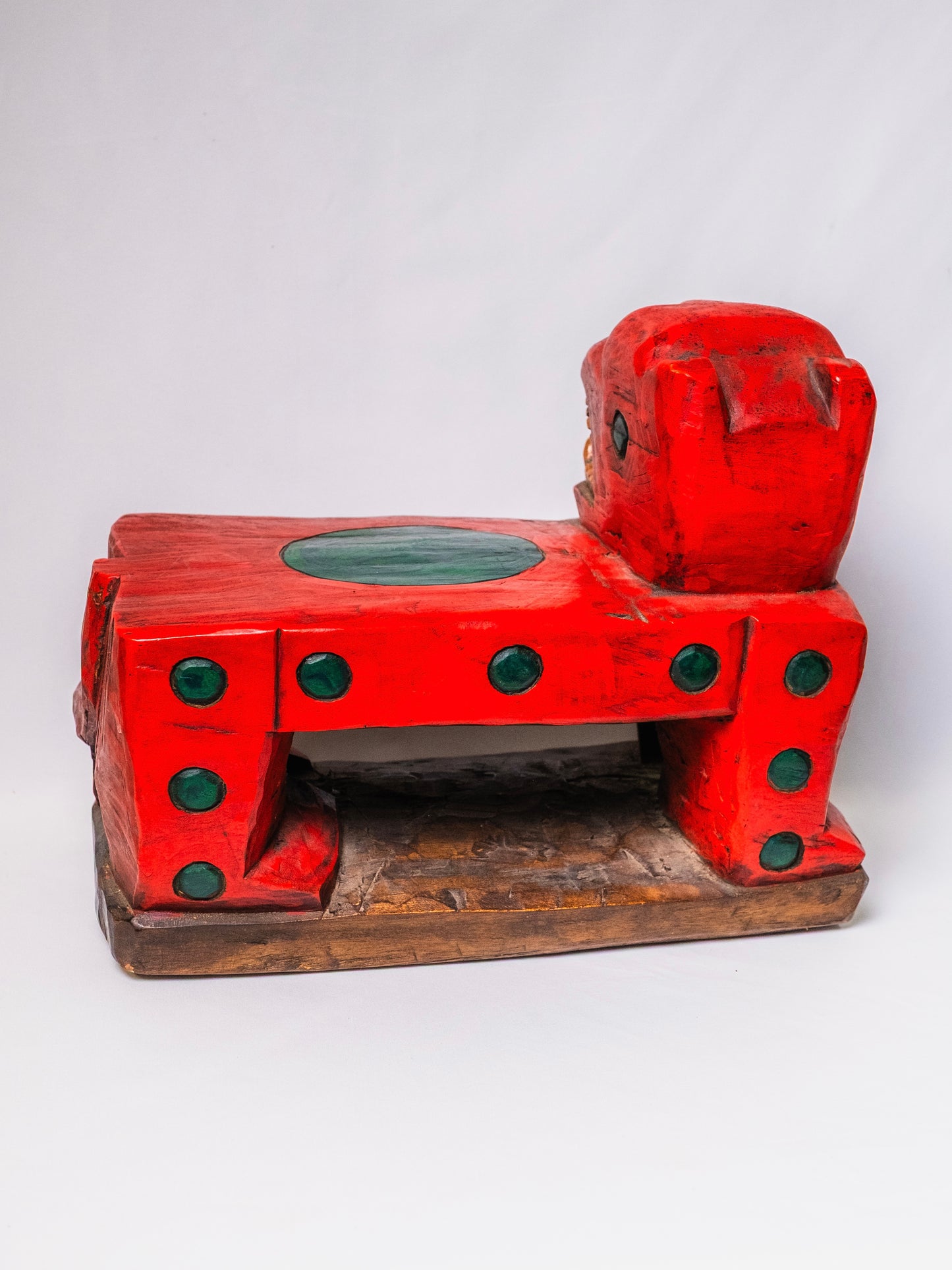 Wood-Carved Hand-Painted Red Jaguar Footstool