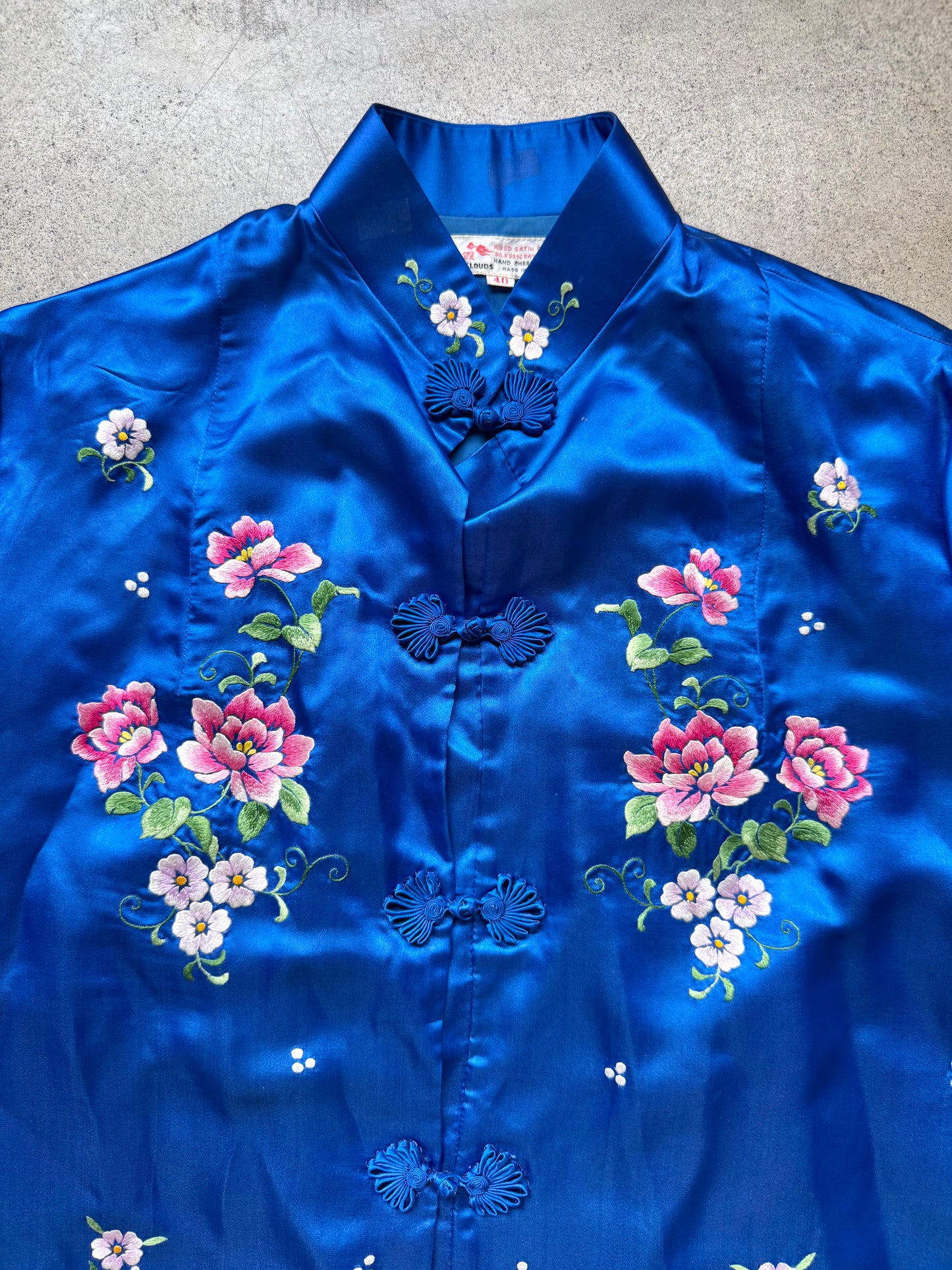 Vintage 1960s Red Clouds Hand-Embroidered Floral Silk-Blend Chinese Tang Jacket | 40