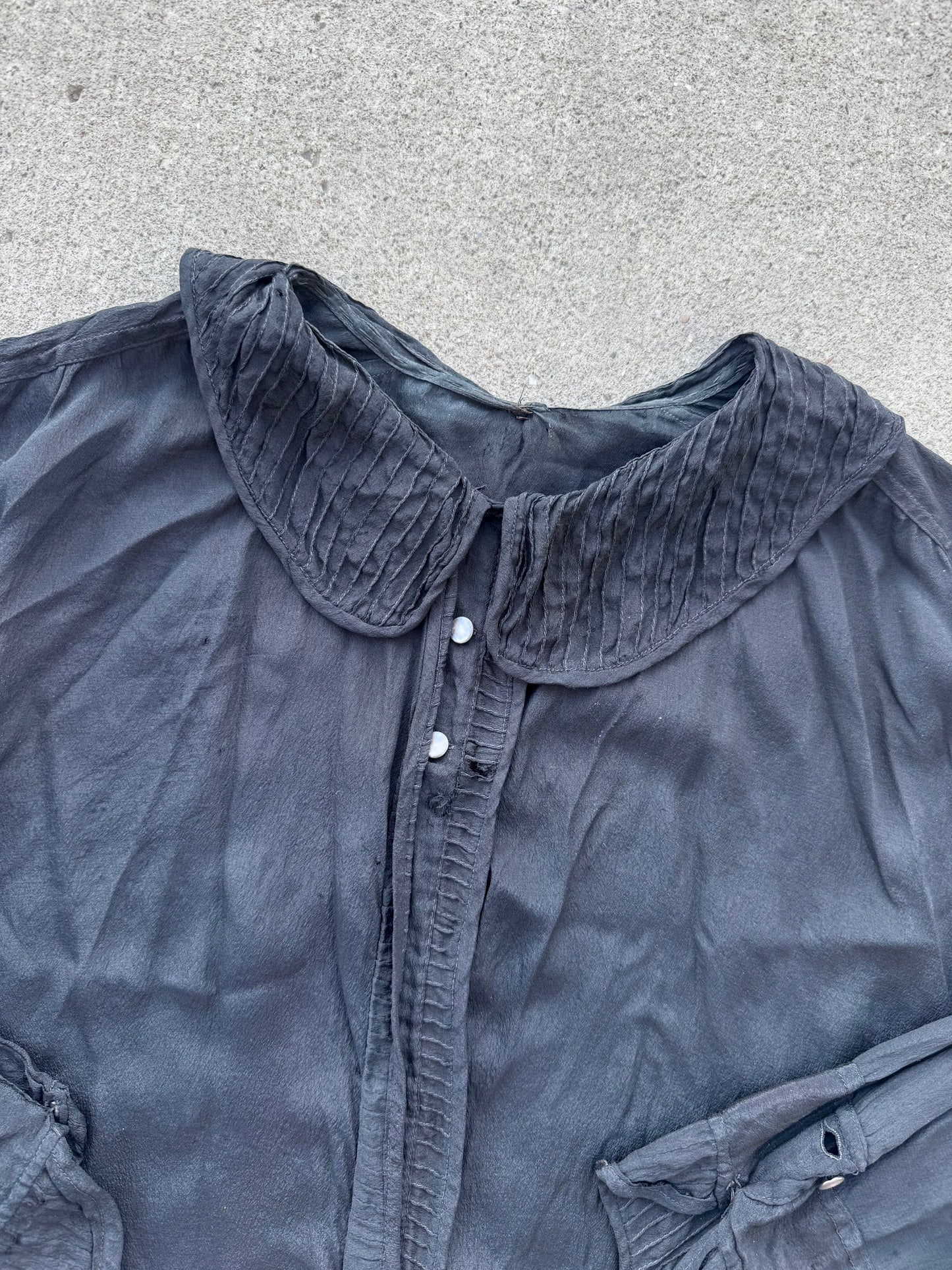 Antique 1910-20s 100% Silk Black Sheer Blouse | Large