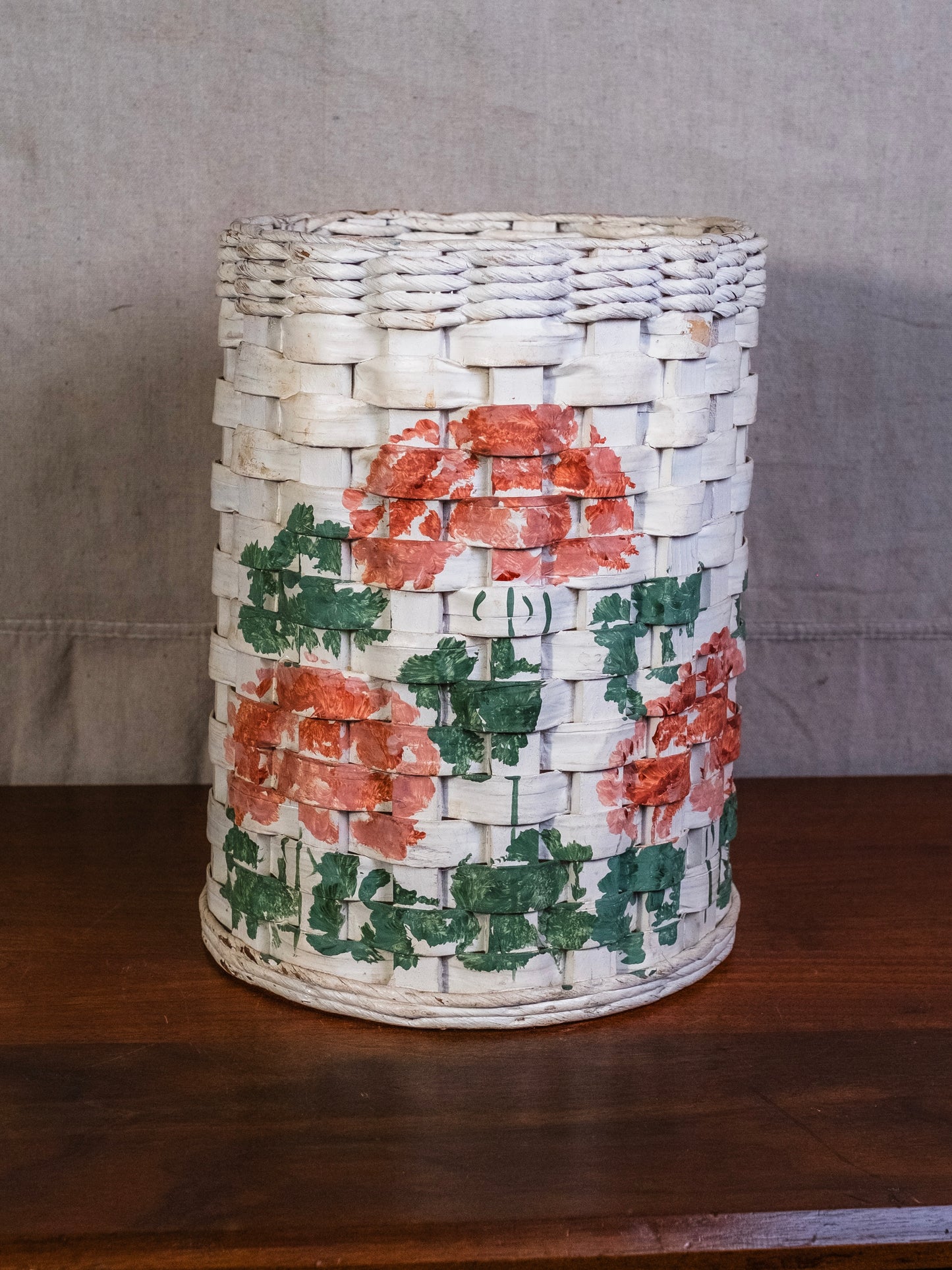 Vintage Floral Painted Splint Woven Waste Basket