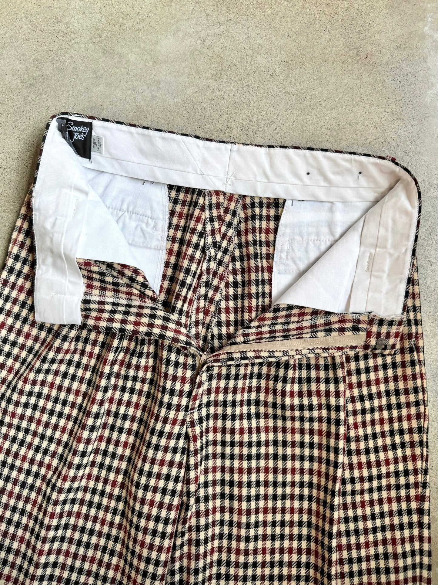 Vintage 1960s Smokey Joe's Black & Red Check Pleated Trousers | Waist 33”