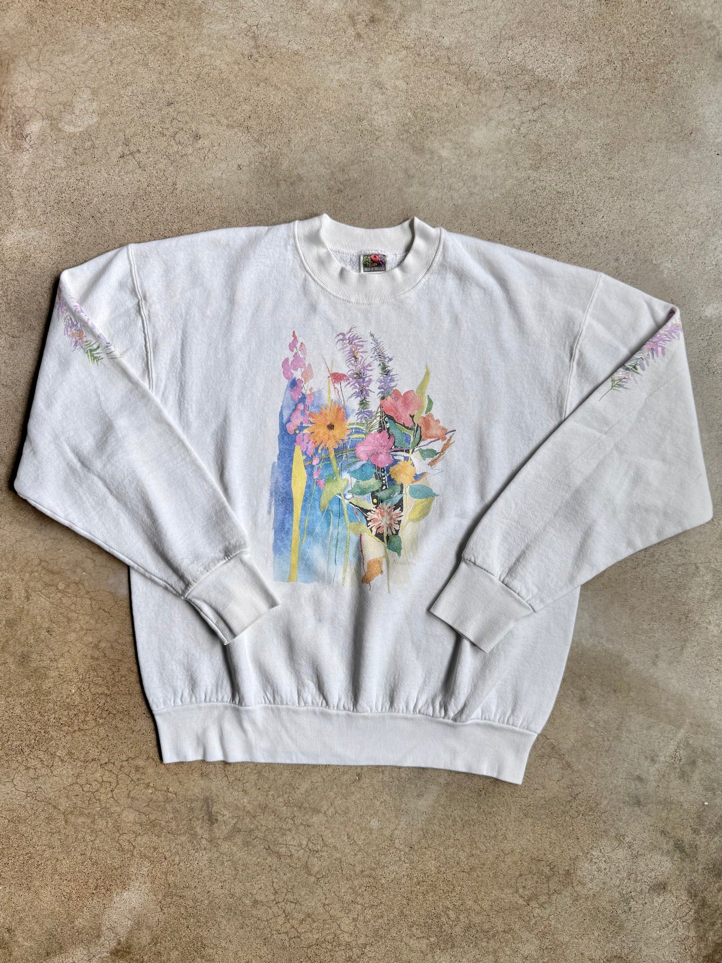 Vintage 1990s Marian Steen Watercolor Flowers Graphic Crewneck Sweatshirt | Large