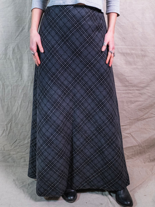 Vintage 1990s Eddie Bauer Grey Plaid Wool A-Line Maxi Skirt | Waist 30”