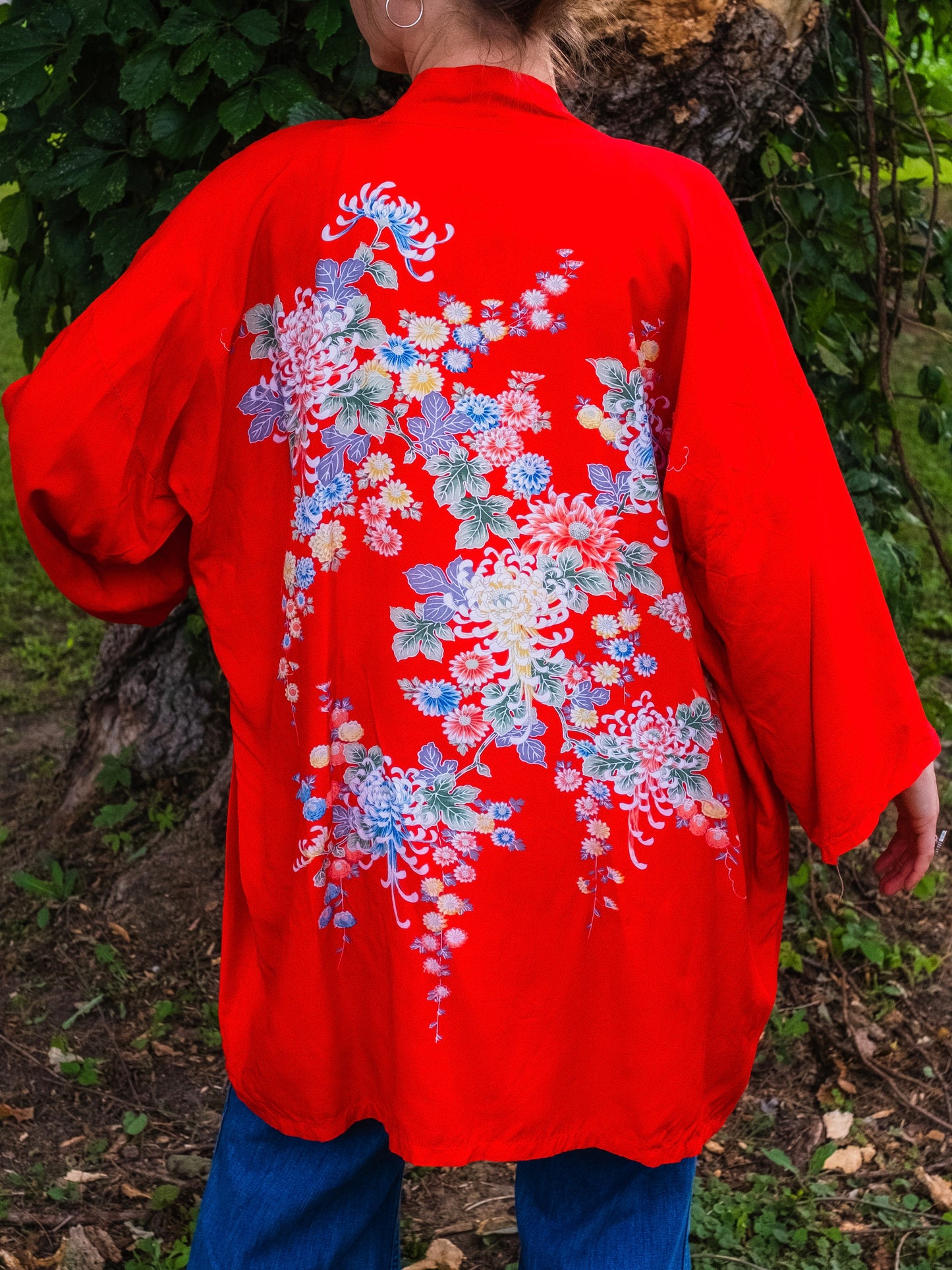Vintage 1970s Japanese Red Floral Pattern House Coat | L/XL