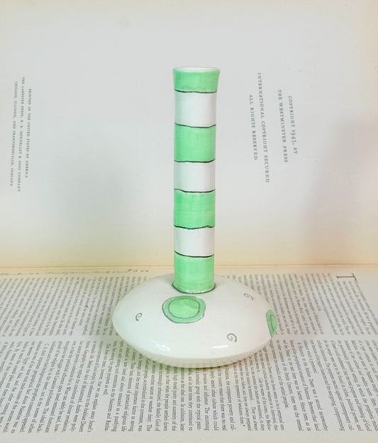 Vintage 1980s Handmade Signed Green Striped Flower Vase