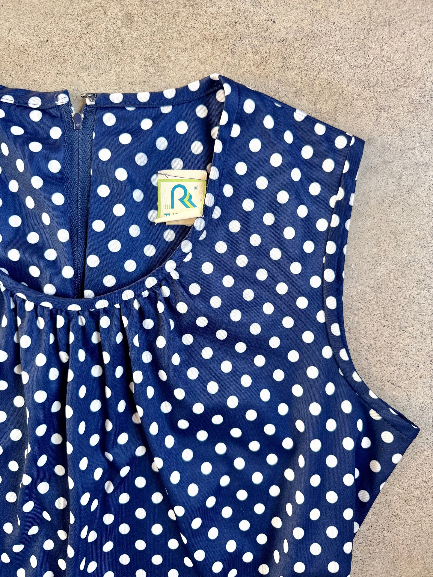 Vintage 1970s Three R’s Navy & White Polka Dot Tie-Waist Dress | Large