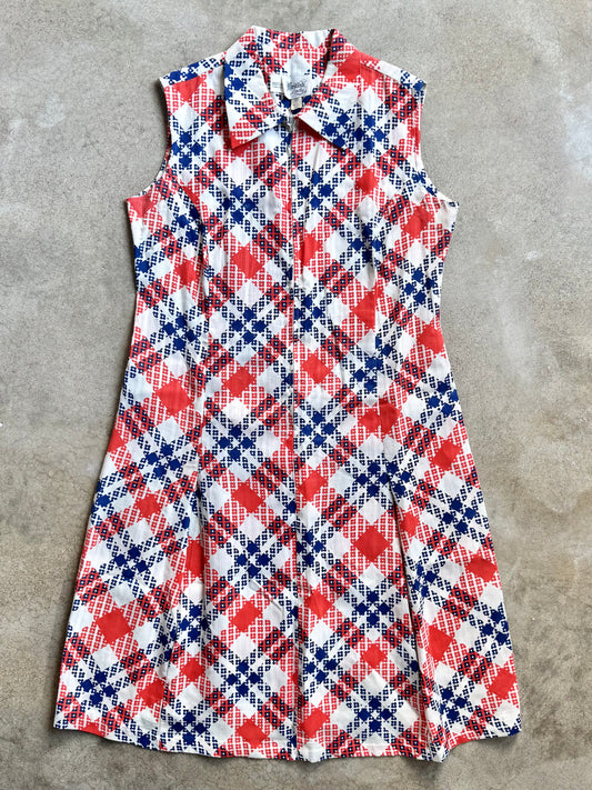 Vintage 1960s British Lady Red & Blue Floral Plaid Collared Dress | Large