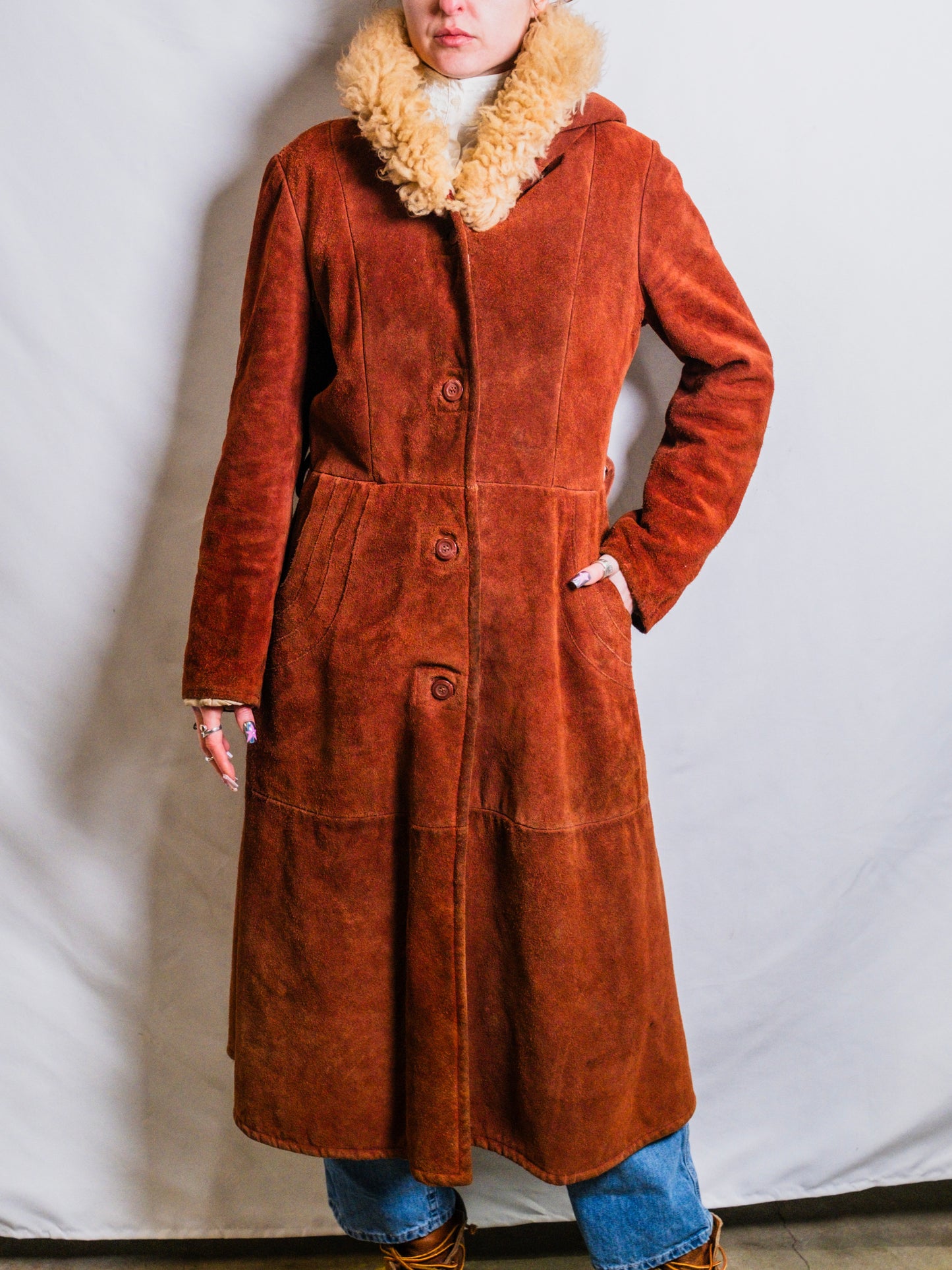 Vintage 1970s Berman’s Brown Suede Lamb Fur Trim Hooded Overcoat | Medium