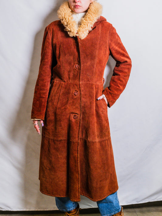 Vintage 1970s Berman’s Brown Suede Lamb Fur Trim Hooded Overcoat | Medium