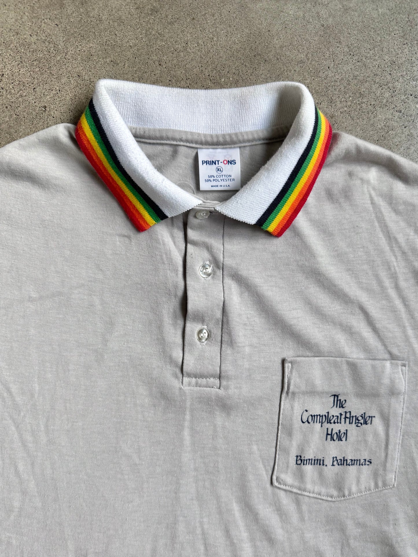 Vintage 1970s Bahamas Compleat Angler Hotel Rainbow Collar Polo Shirt | XL
