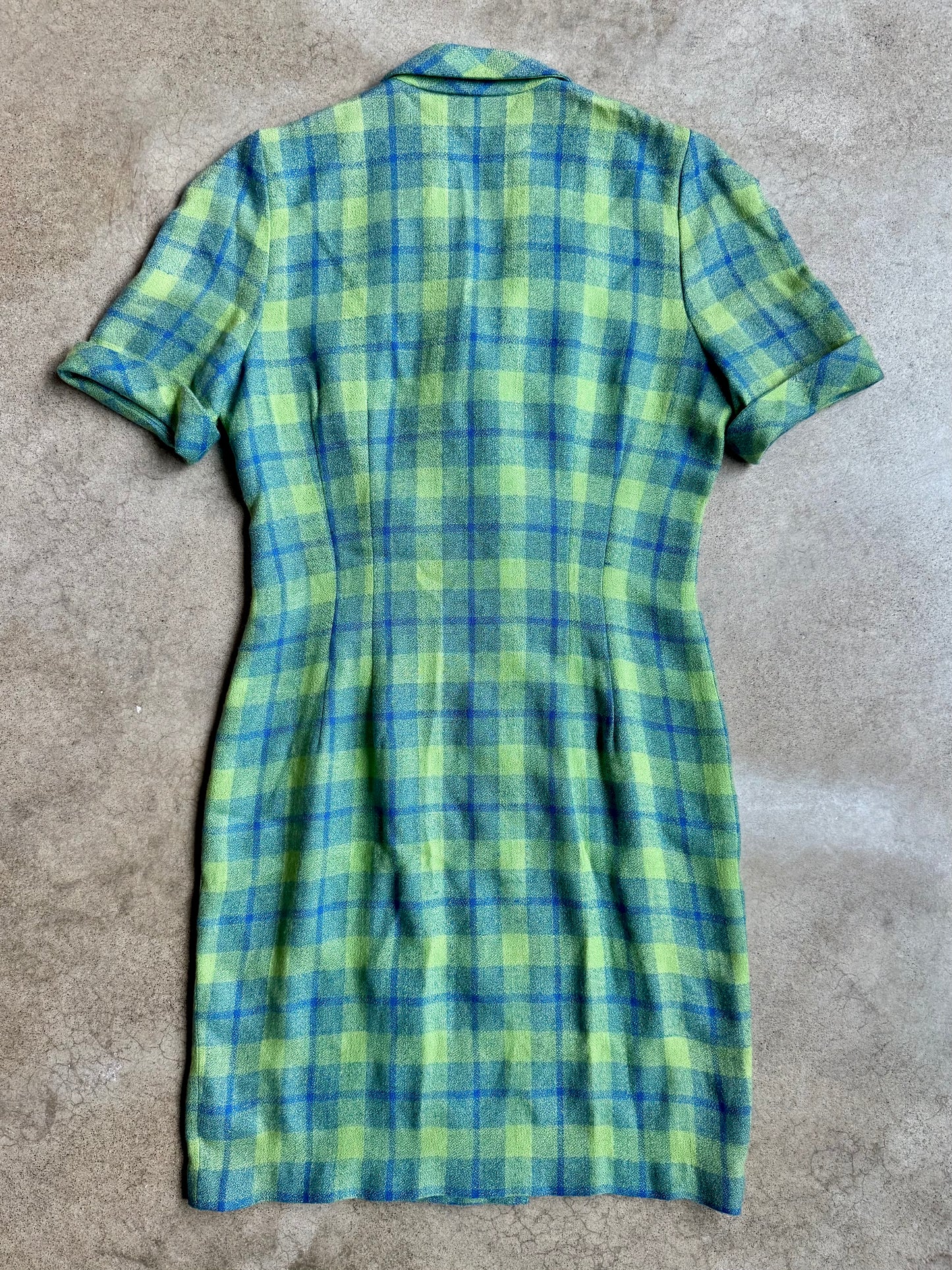 Vintage 1980s Virgo II Green & Blue Plaid Short Sleeve Button-Front Dress | Large