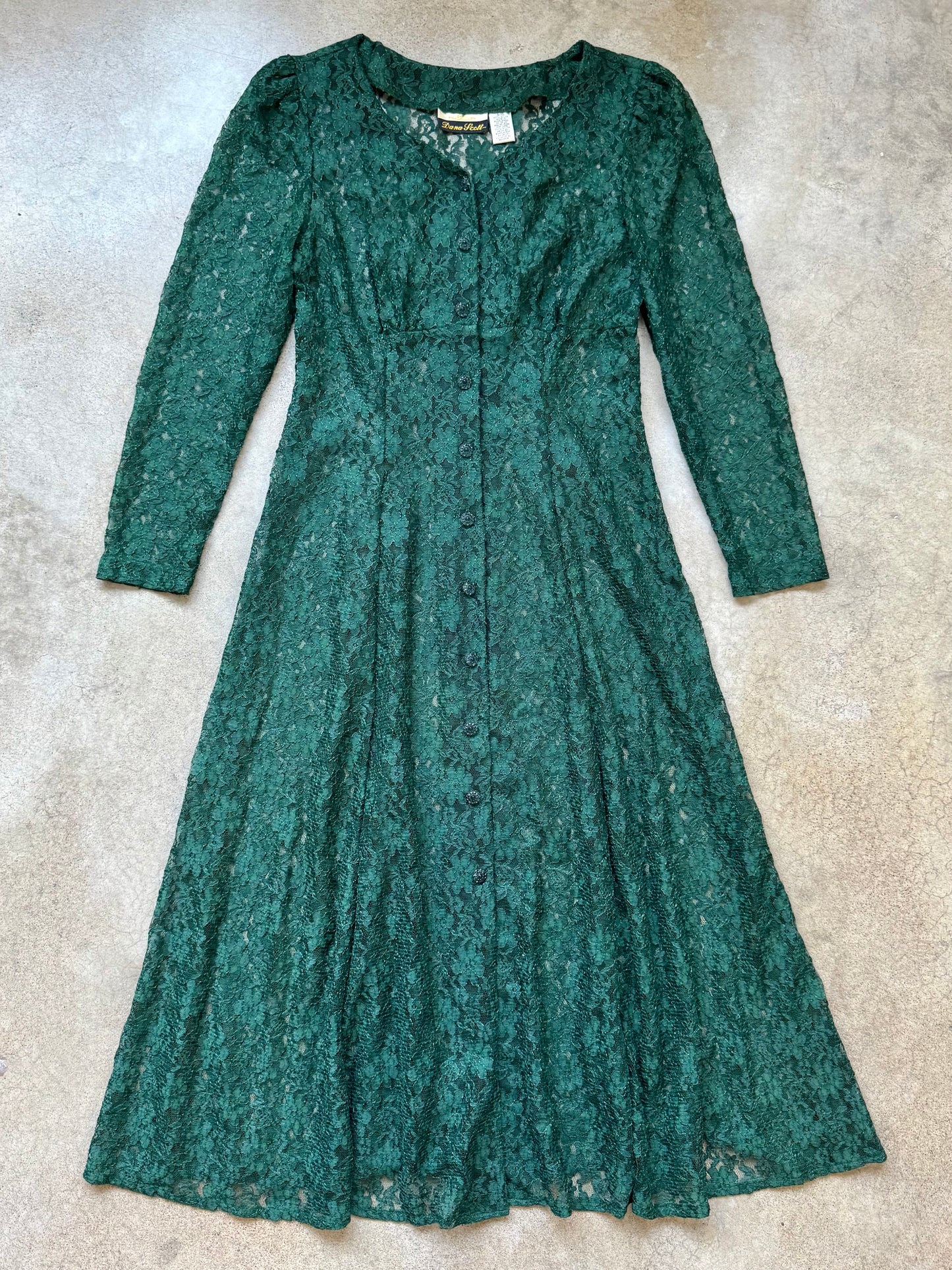 Vintage 1980s Dana Scott Green Floral Lace Button-Front Long Sleeve Maxi Dress | Medium