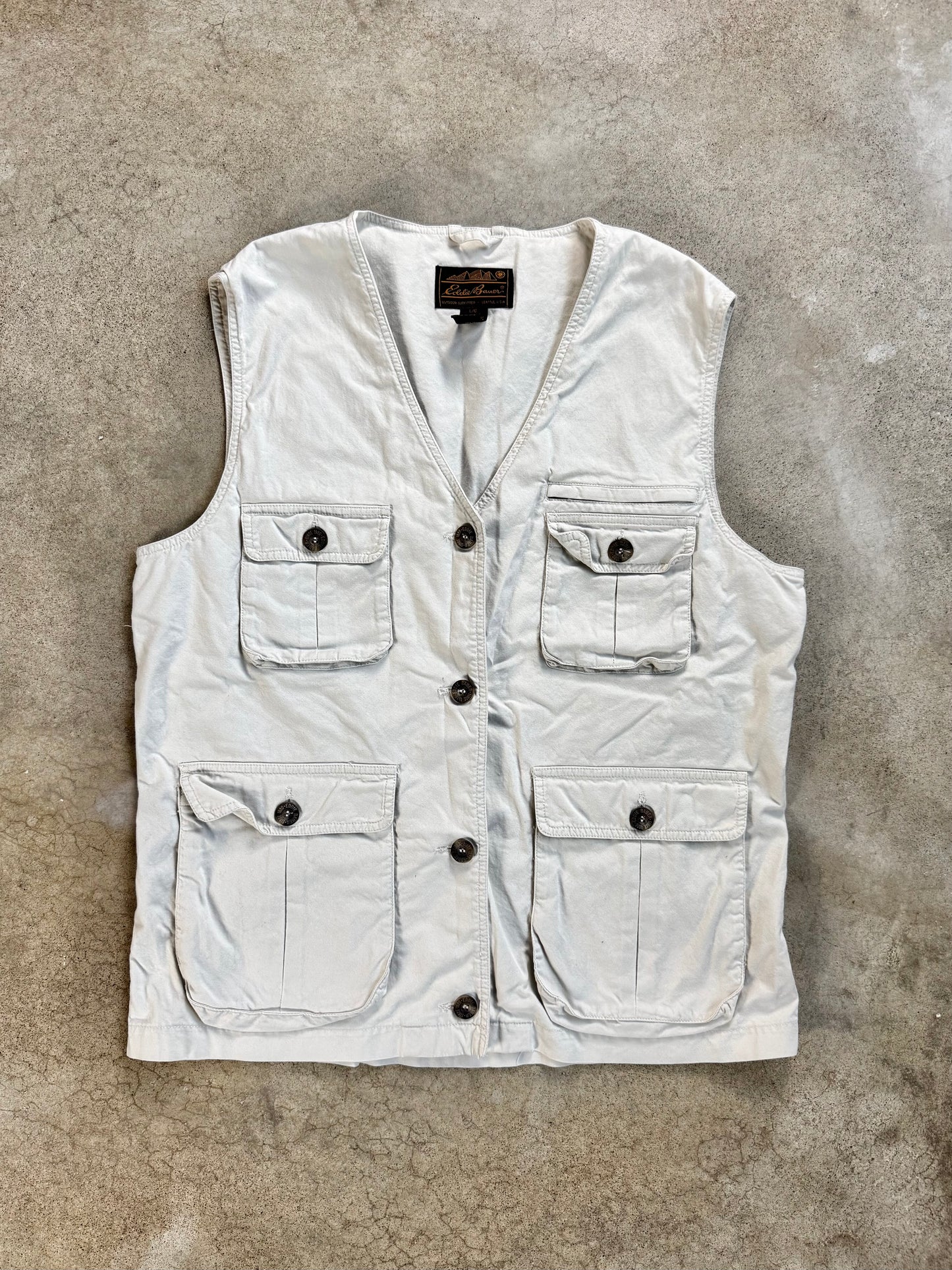 Vintage 1990s Eddie Bauer Beige Cotton Utility Cargo Vest | Large