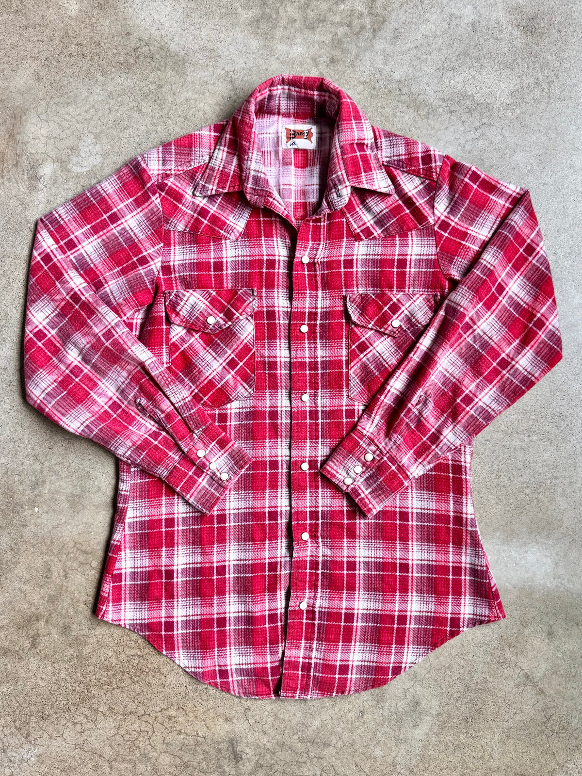 Vintage 1970s Bar-F Red & White Plaid Western Pearl Snap Flannel Shirt | Medium