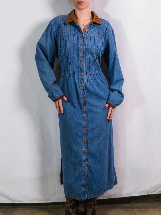 Vintage 1990s Mirrors 2 Faux Suede Collar Denim Tie-Back Maxi Dress | XL
