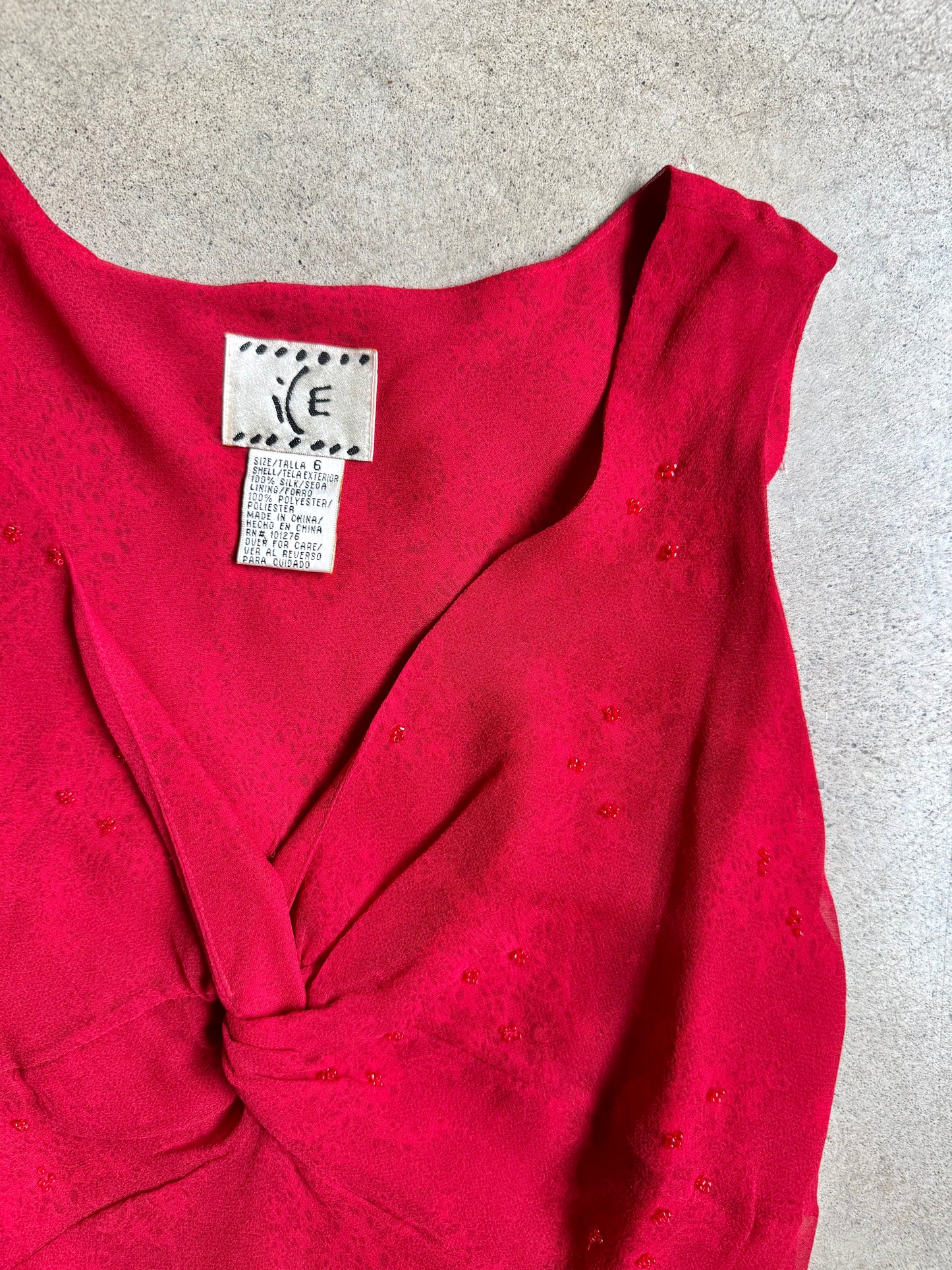 Vintage 1990s Ice Red Beaded Silk V-Neck Midi Dress | Small