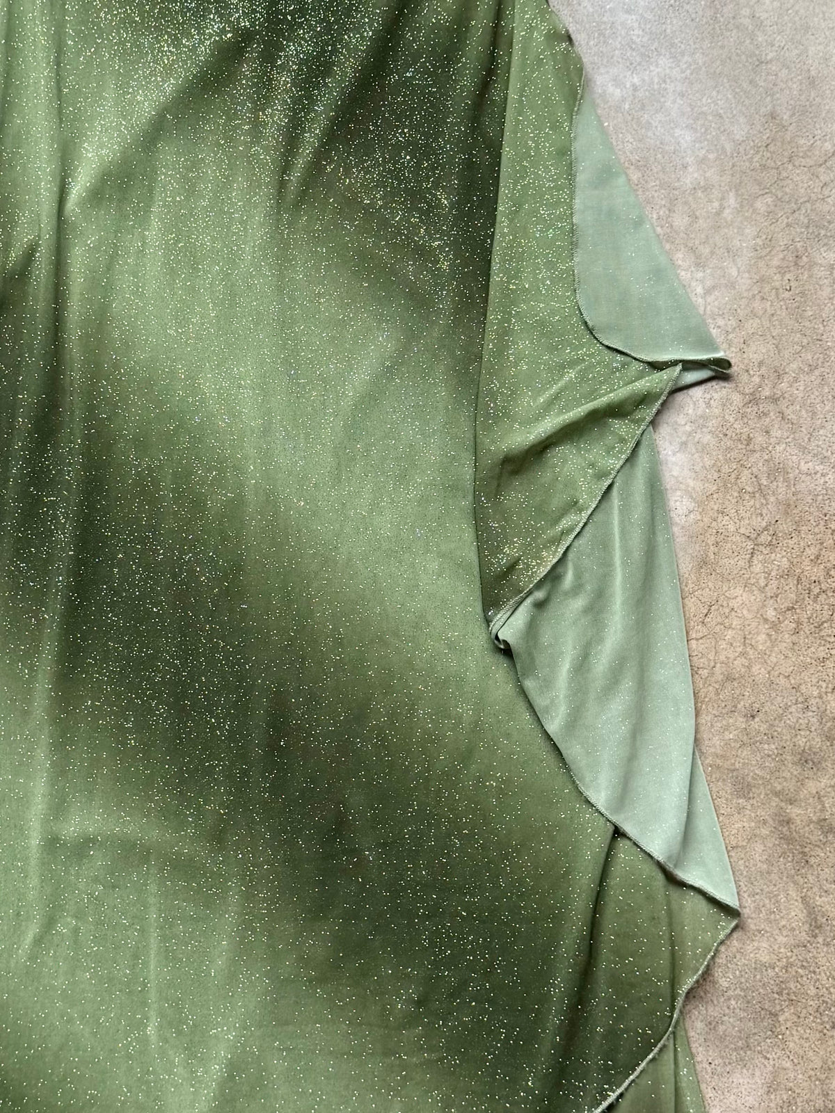 Vintage 1990s Taboo Green Sparkle Cascading Ruffle Maxi Dress | Medium