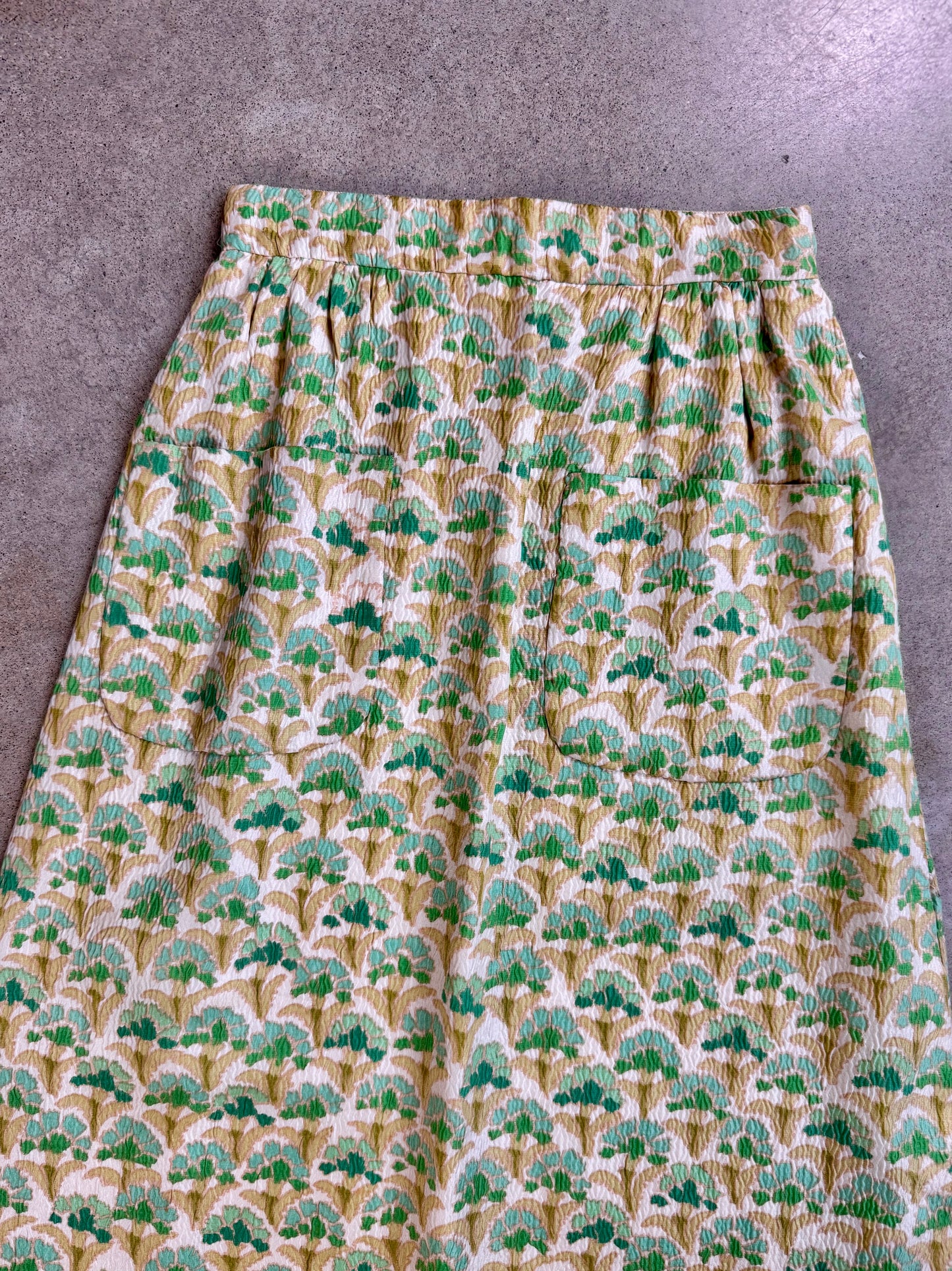 Vintage 1960s Boutique Valentino Green & Gold Floral Silk Maxi Skirt | Waist 26”