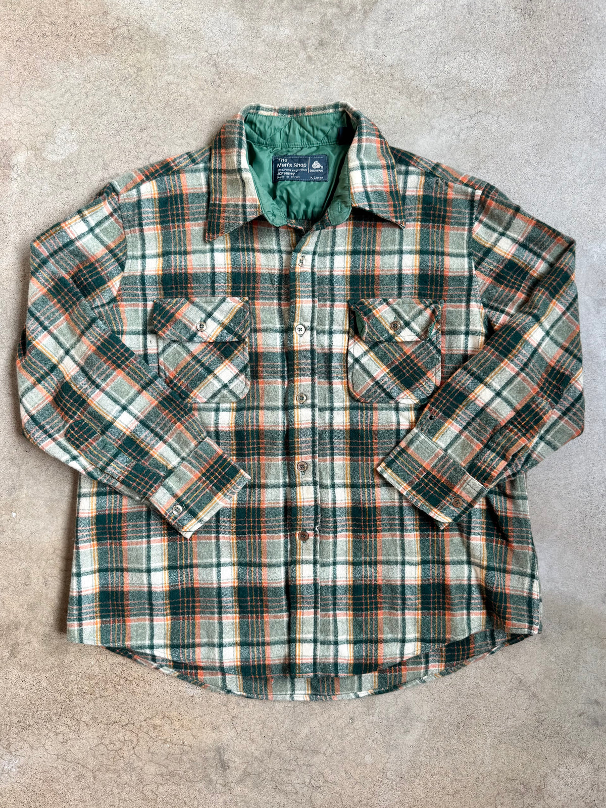 Vintage 1970s JCPenney Green & Orange Plaid Wool Flannel Shirt | XL