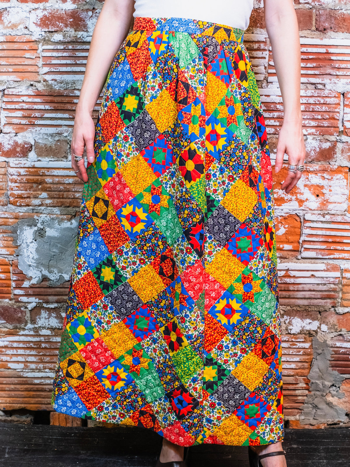 Vintage 1960s Handmade Patchwork Quilted Maxi Skirt | Waist 28”