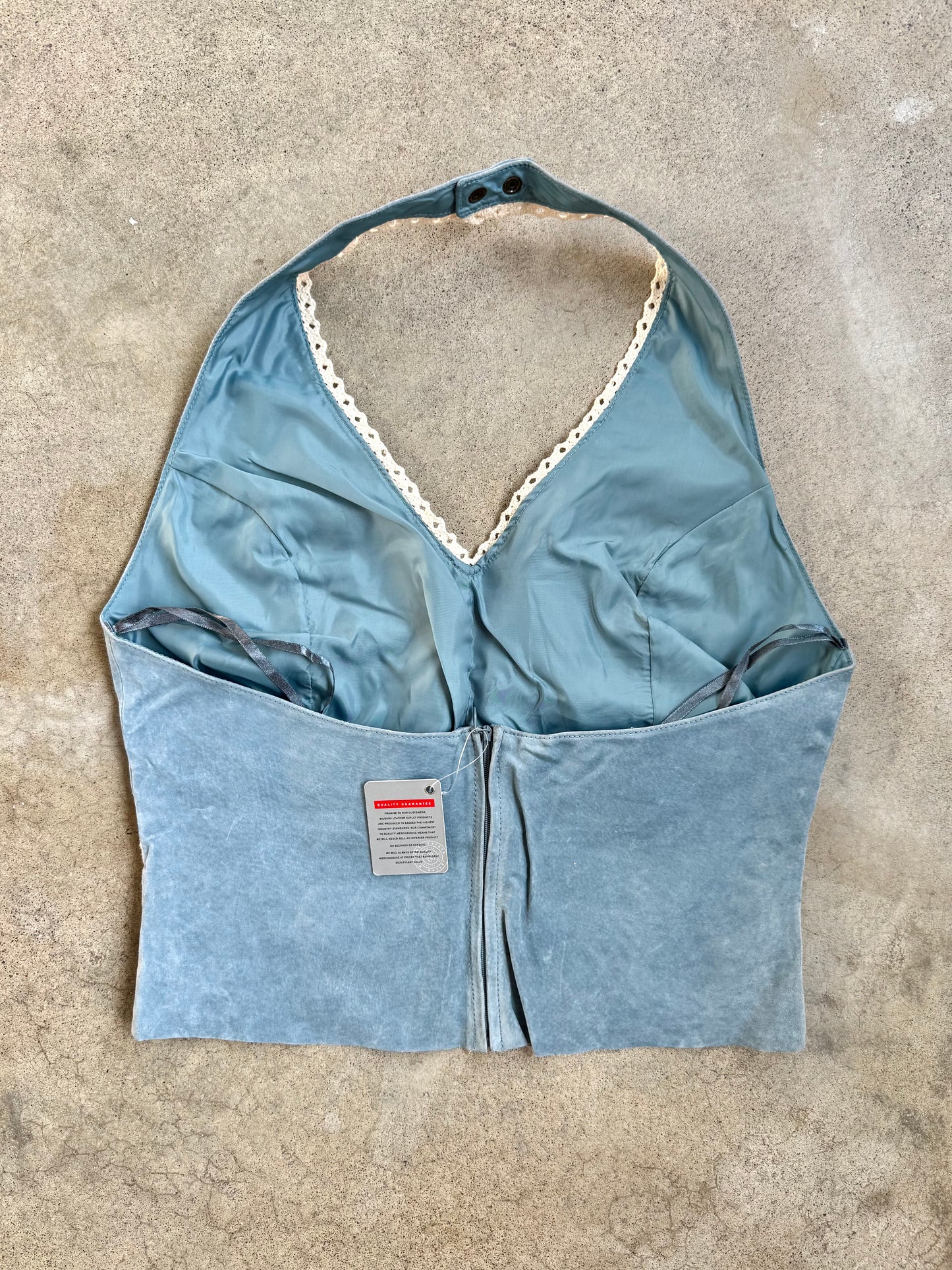 Vintage 1990s Wilsons Leather Blue Suede Crochet Trim Halter Top | Large