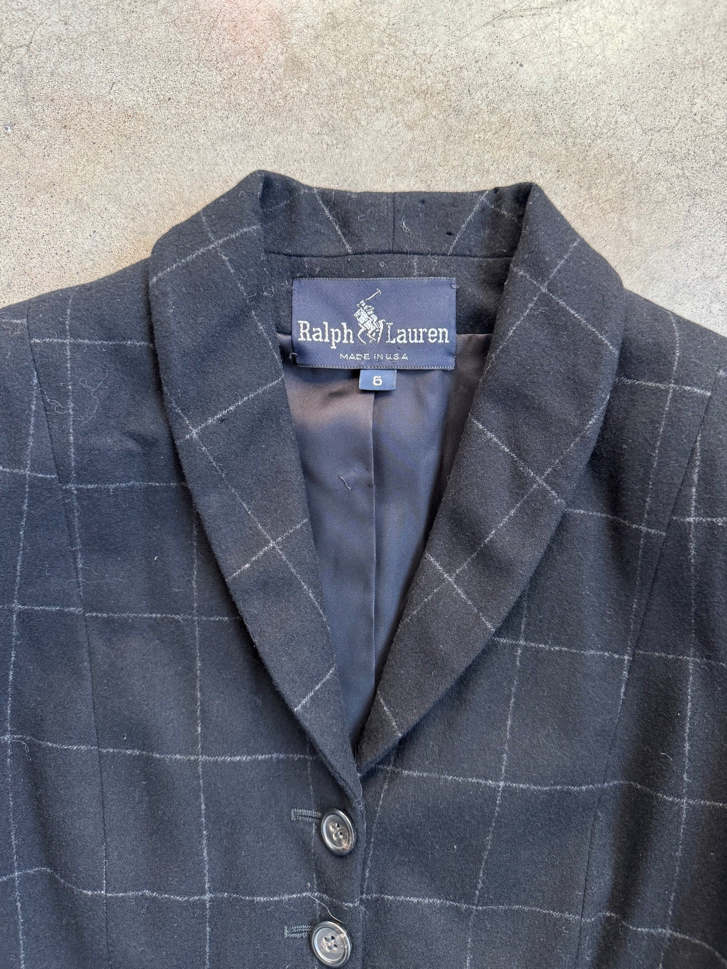 Vintage 1990s Ralph Lauren Black Check Pattern Wool & Cashmere Two-Piece Suit | Women’s 6