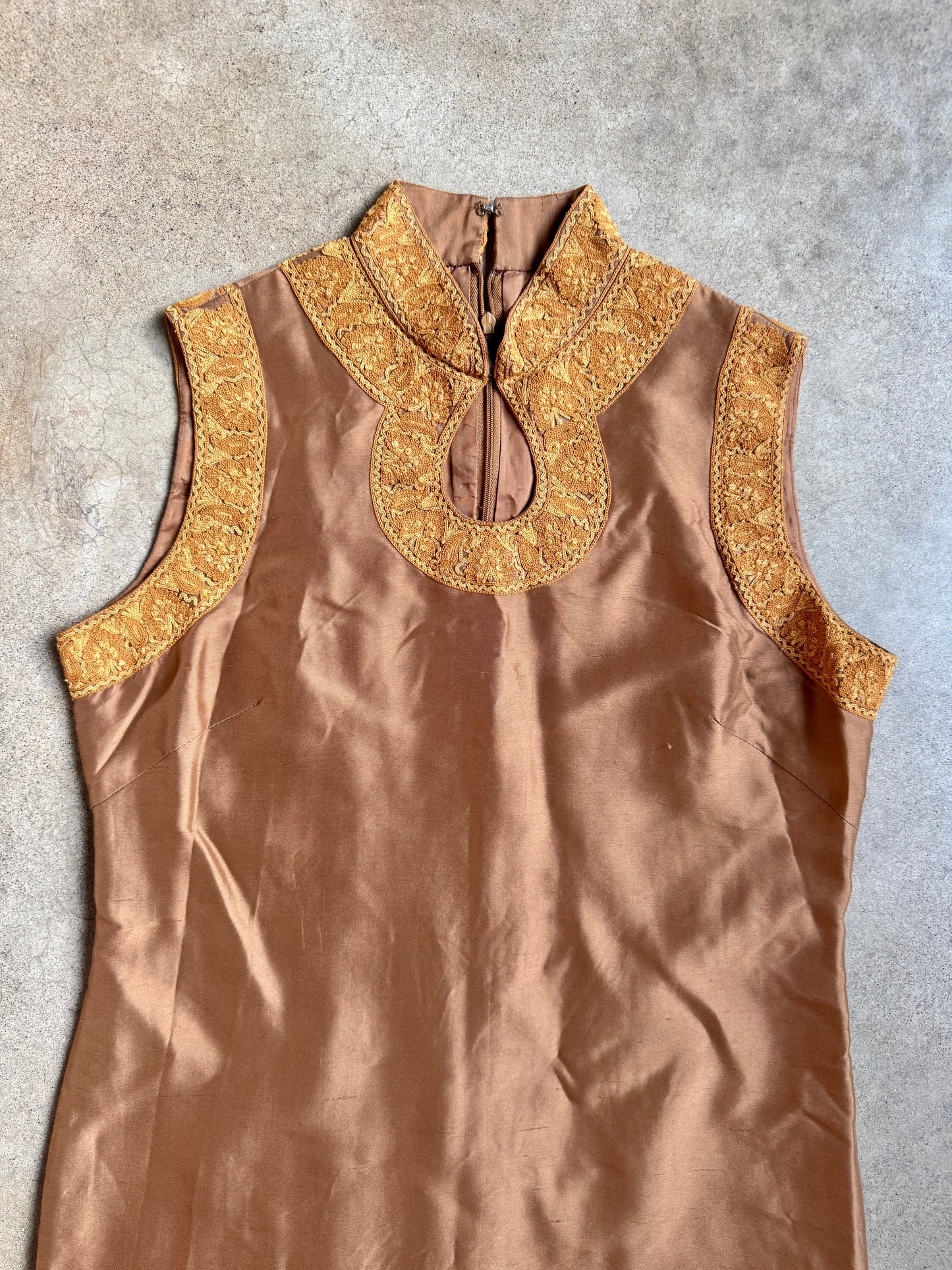 Vintage Brown Silk Sleeveless Tunic w/ Gold Embroidered Trim | Medium