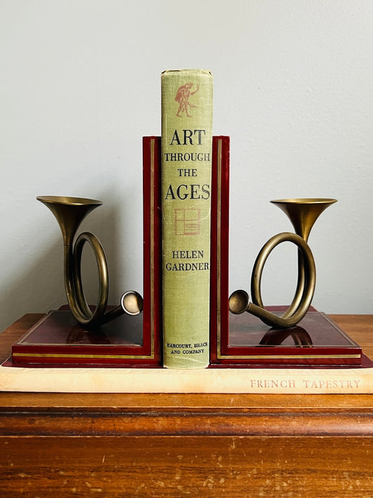 Vintage 1950s Brass French Horn Wood Inlay Bookends