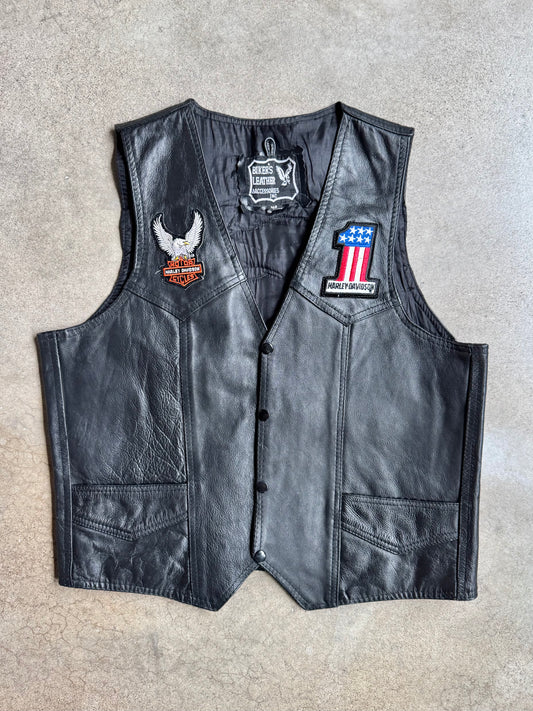 Vintage 1980s Black Leather Harley Davidson Patched Riding Vest | 46
