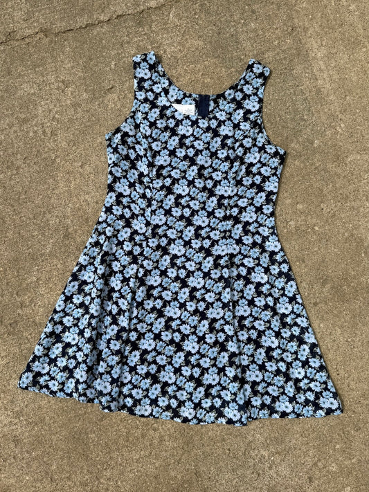 Vintage 1990s Options by Worthington Blue Floral Fit & Flare Summer Dress | Large