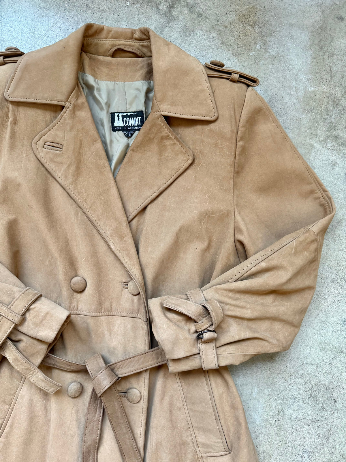 Vintage Comint Tan Suede Leather Belted Trench Coat | Small