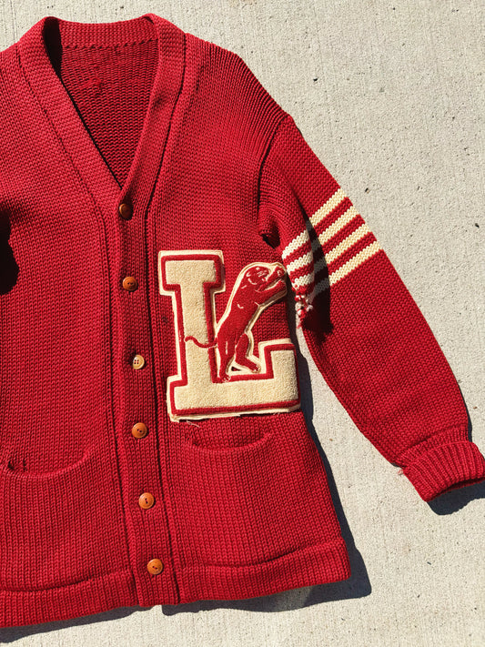 Vintage 1940s Red Letterman Knit Cardigan Sweater | S/M