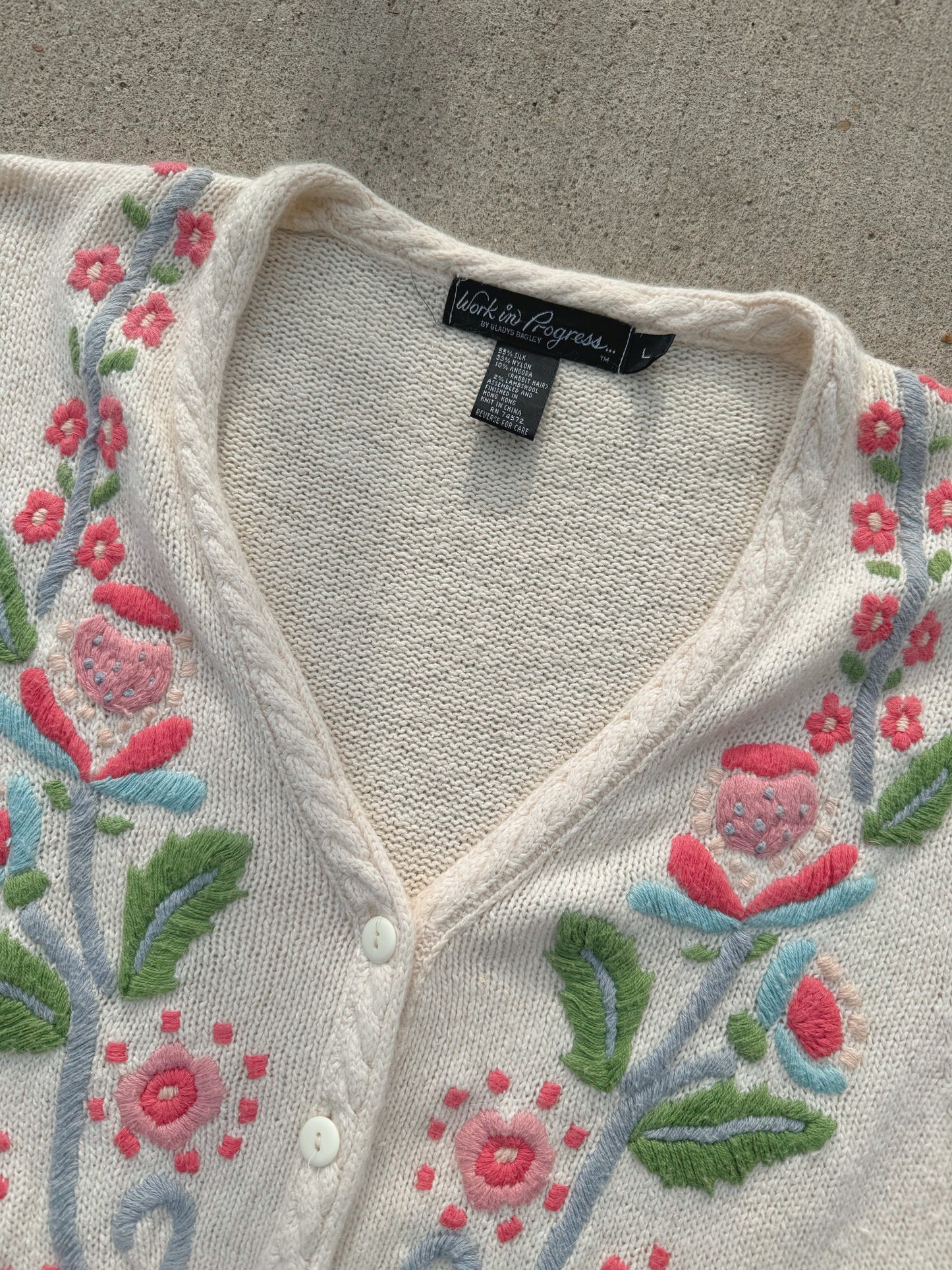 Vintage 1990s Floral Embroidered Silk & Angora Knit Cardigan